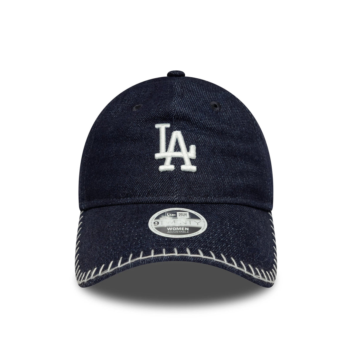 LA Dodgers Womens MLB Denim Stitch Navy New Era 9TWENTY Cap, front view showing the white LA logo in raised embroidery on the structured navy crown, with contrast stitching along the navy curved visor and a 9TWENTY size sticker.