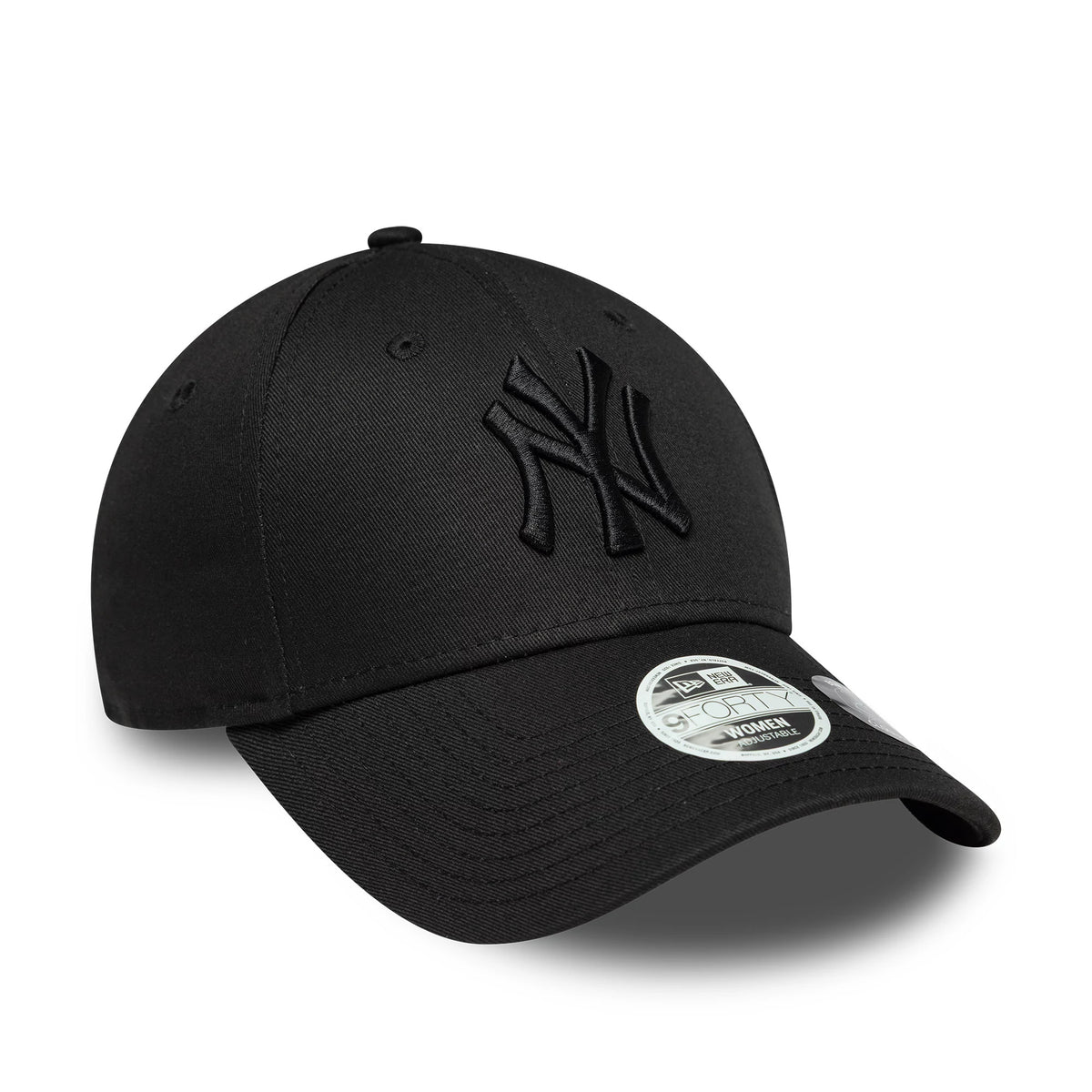 New York Yankees Womens MLB Bowback Black New Era 9FORTY Cap, three-quarter view showing the black raised embroidered NY logo on the front panel, a curved black visor, and the 9FORTY size sticker.