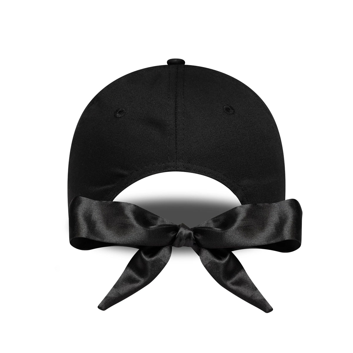 New York Yankees Womens MLB Bowback Black New Era 9FORTY Cap, rear view showing a glossy black satin bow tied at the back opening, with matching black eyelets and a top button on the structured crown.