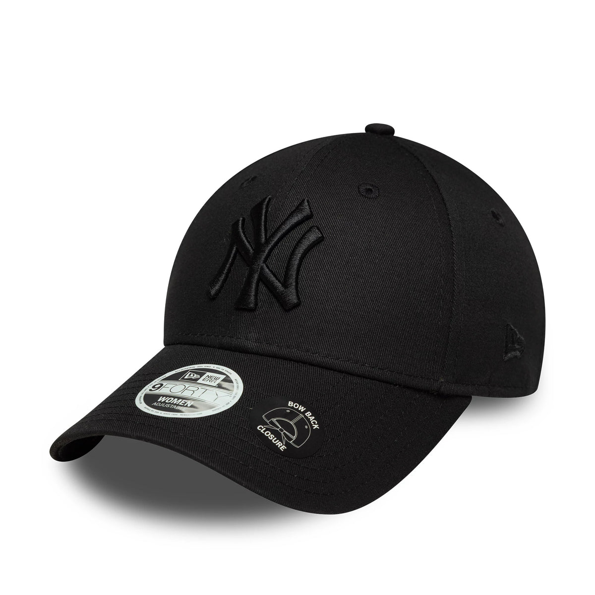 New York Yankees Womens MLB Bowback Black New Era 9FORTY Cap, front view showing a raised black embroidered NY logo on the structured black crown, with a curved visor featuring a 9FORTY size sticker.
