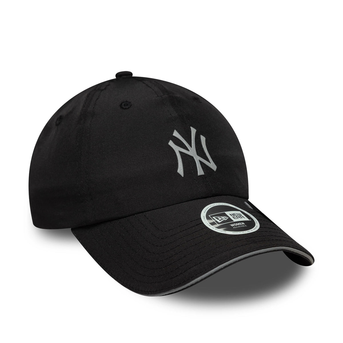 New Era New York Yankees Womens MLB Pony Tail Black Open Back Cap, front view showing the grey embroidered NY logo on the black crown and a silver 9FORTY size sticker on the curved black visor.
