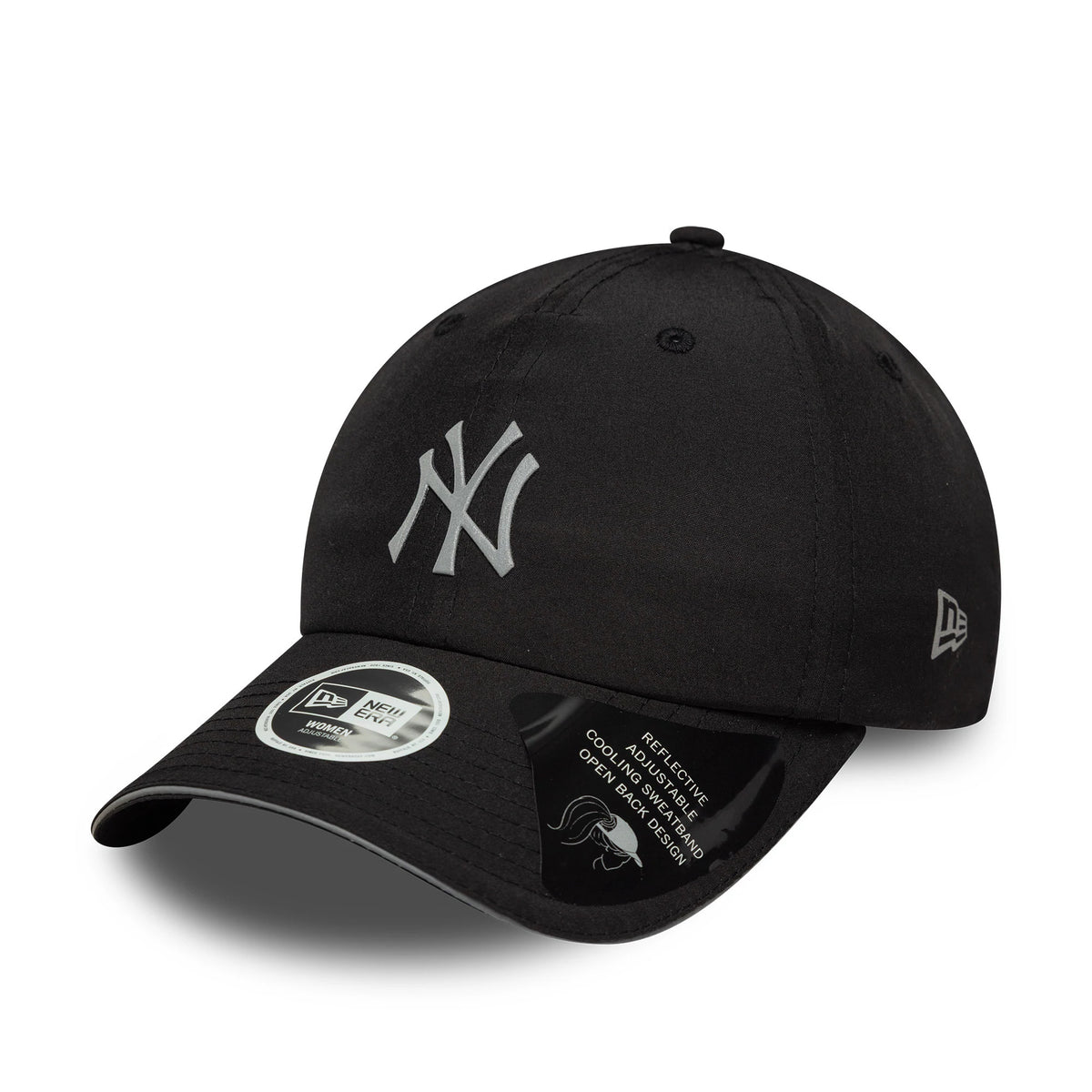 New Era New York Yankees Womens MLB Pony Tail Black Open Back Cap, three-quarter view showing the grey embroidered NY logo on the front panel, curved black visor with a New Era 9FORTY size sticker, and the New Era flag logo on the left side.