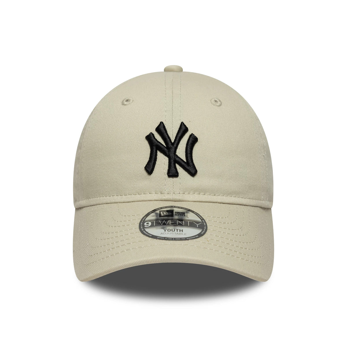 New York Yankees Youth MLB Light Beige New Era 9TWENTY Cap, front view showing the raised black NY logo embroidered on the front panel and a 9TWENTY size sticker on the curved beige visor.