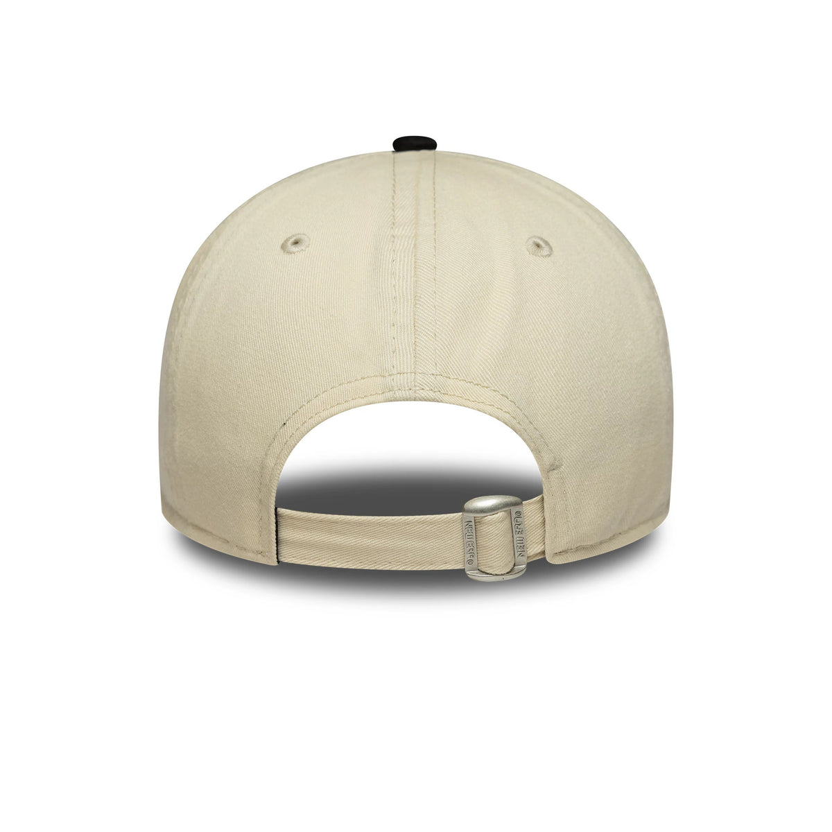 Womens New Era Black 9TWENTY A-Frame Cap, rear view showing the adjustable fabric strap with a buckle, black top button, and beige rear panels with embroidered eyelets on the unstructured crown.
