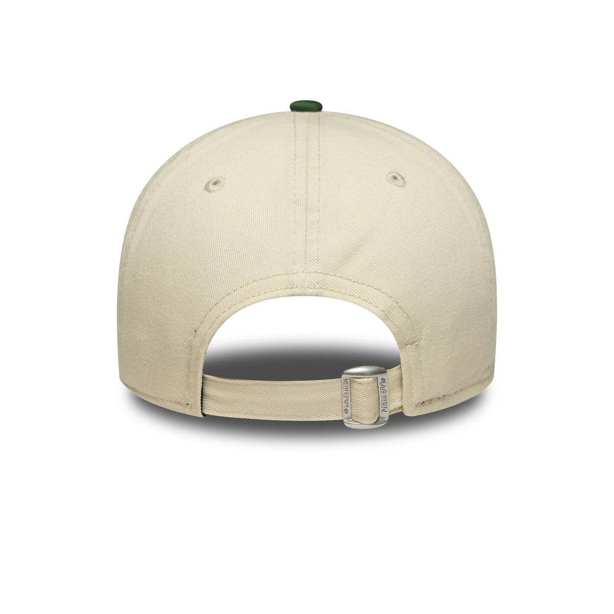 Womens New Era Cream 9TWENTY A-Frame Cap, rear view showing an unstructured cream crown with a buckle closure and green top button, showcasing stitching on the back panels and fabric strap.