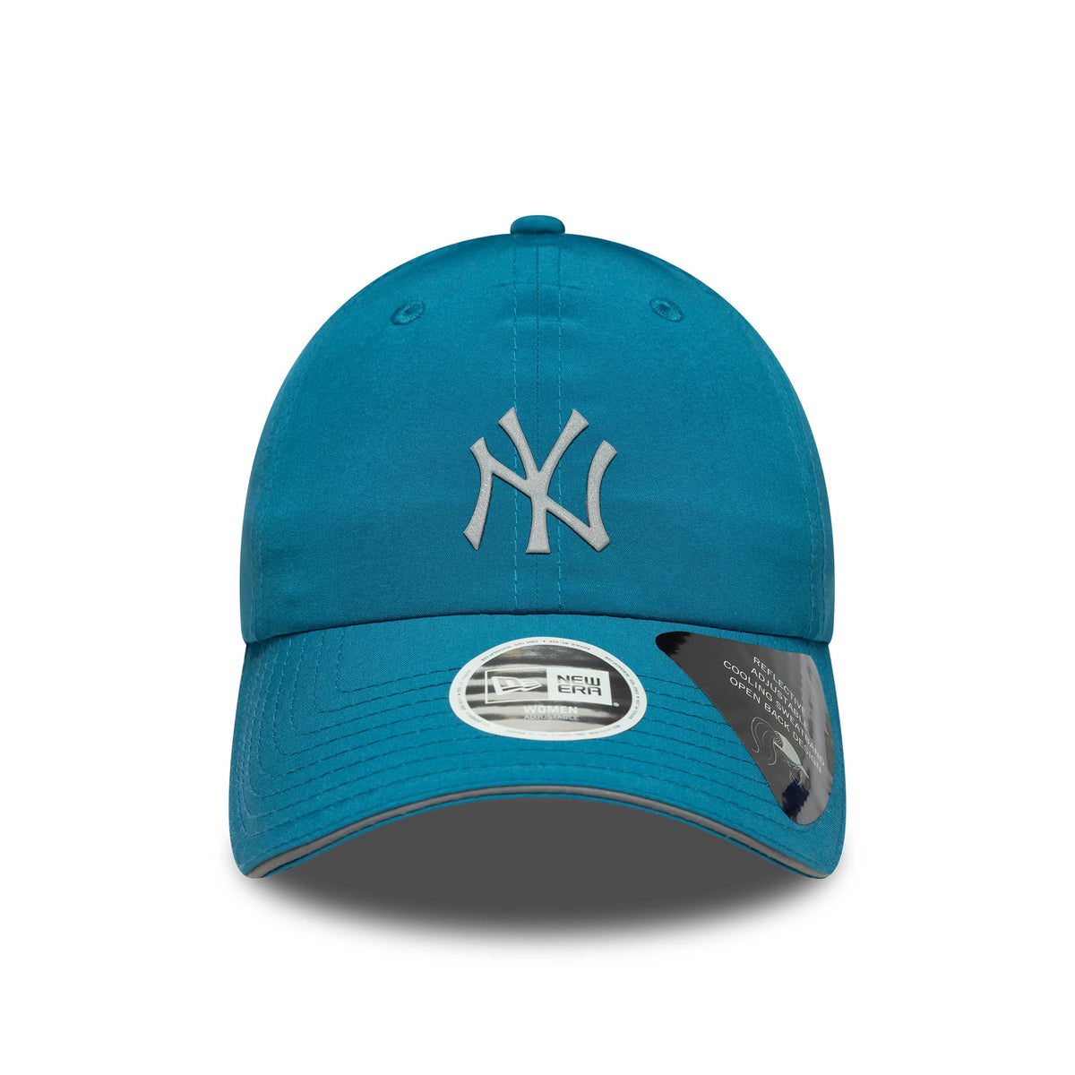 New Era New York Yankees Womens MLB Pony Tail Dark Green Open Back Cap, front view showing the grey raised embroidered NY logo on the centre front panel, with dark green curved visor and a size sticker on top.