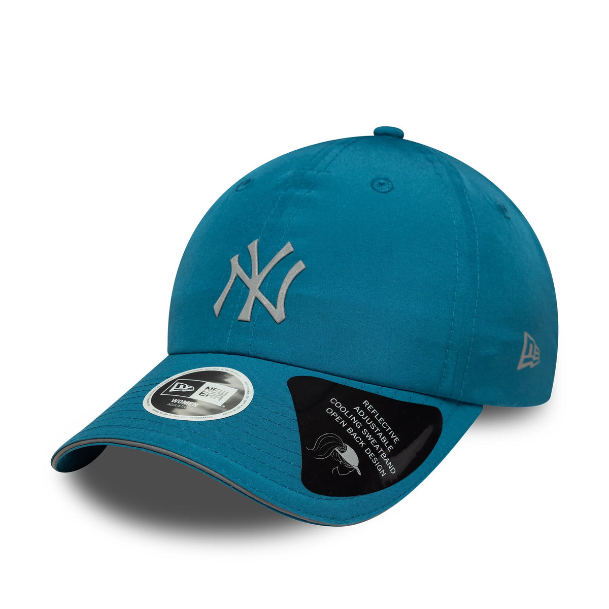 New Era New York Yankees Womens MLB Pony Tail Dark Green Open Back Cap, three-quarter view showing the raised grey NY Yankees logo embroidered on the front panel, a New Era flag logo on the left side.
