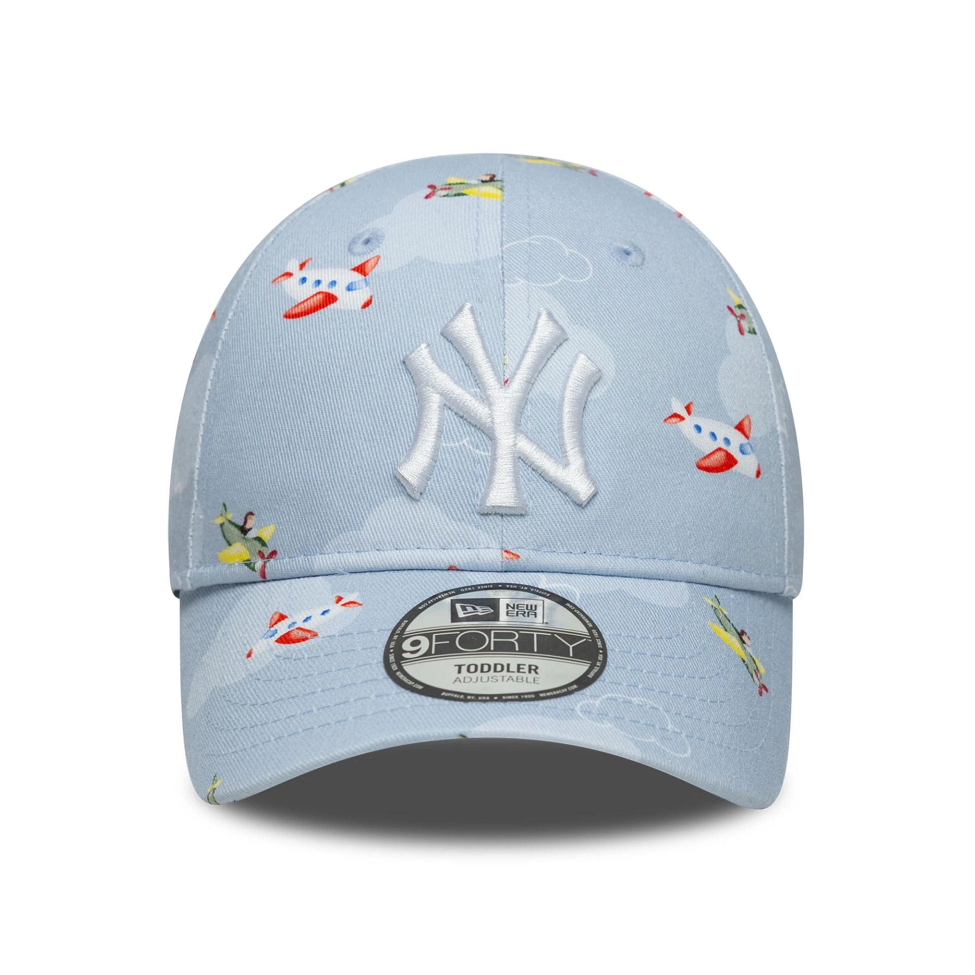 Pictured is this Toddler MLB Plane All Over Print New York Yankees 9FORTY in pastel blue. 2