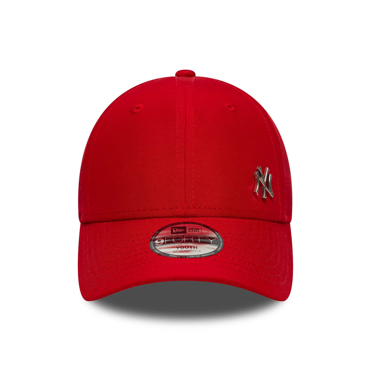 New York Yankees Youth MLB Flawless Red New Era 9FORTY Cap, front view showing the raised NY logo on the front panel, red curved visor and a centred 9FORTY size sticker on the red visor.