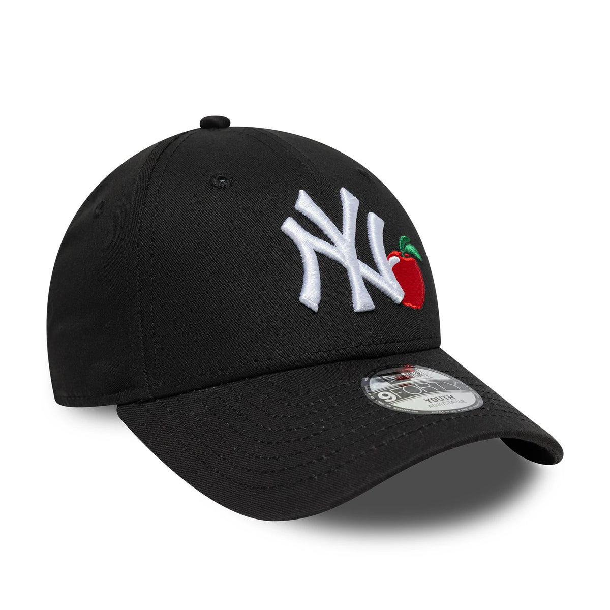 New York Yankees Youth MLB Fruit Icon Black New Era 9FORTY Cap, three-quarter view showing the raised white NY logo and red apple icon embroidered on the front panel, with a black curved visor and 9FORTY size sticker.