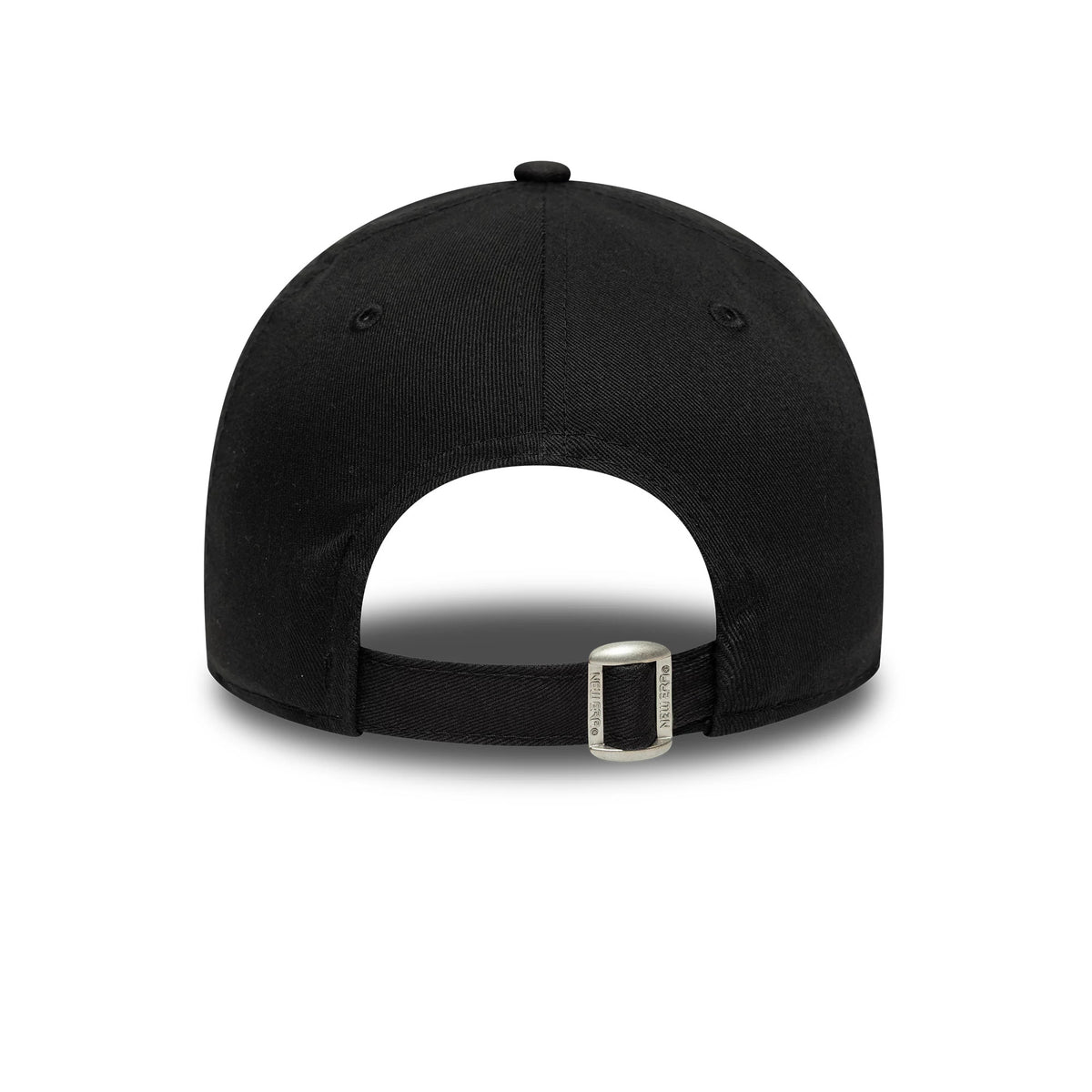 New York Yankees Youth MLB Fruit Icon Black New Era 9FORTY Cap, rear view showing the open adjustable strap with buckle, revealing the clean black curvature of the cap's panels and top button.