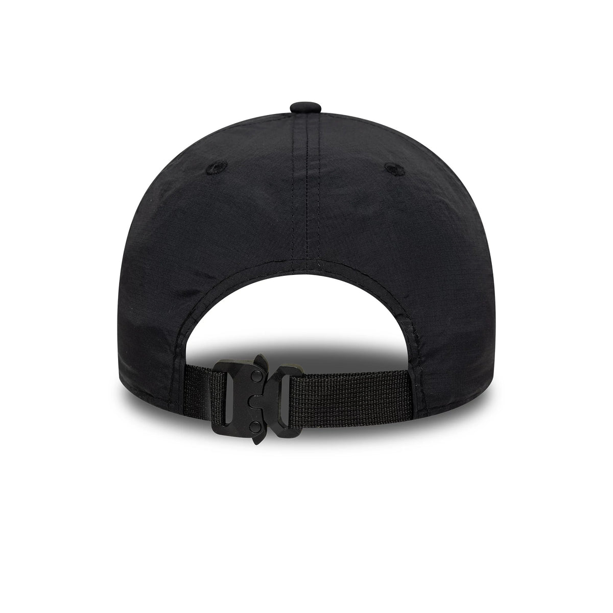 New Era Sport Black 9FORTY M-Crown Cap, rear view showing the adjustable black strap with buckle closure, two embroidered eyelets, and a seamless structured black crown without additional logos or embellishments.