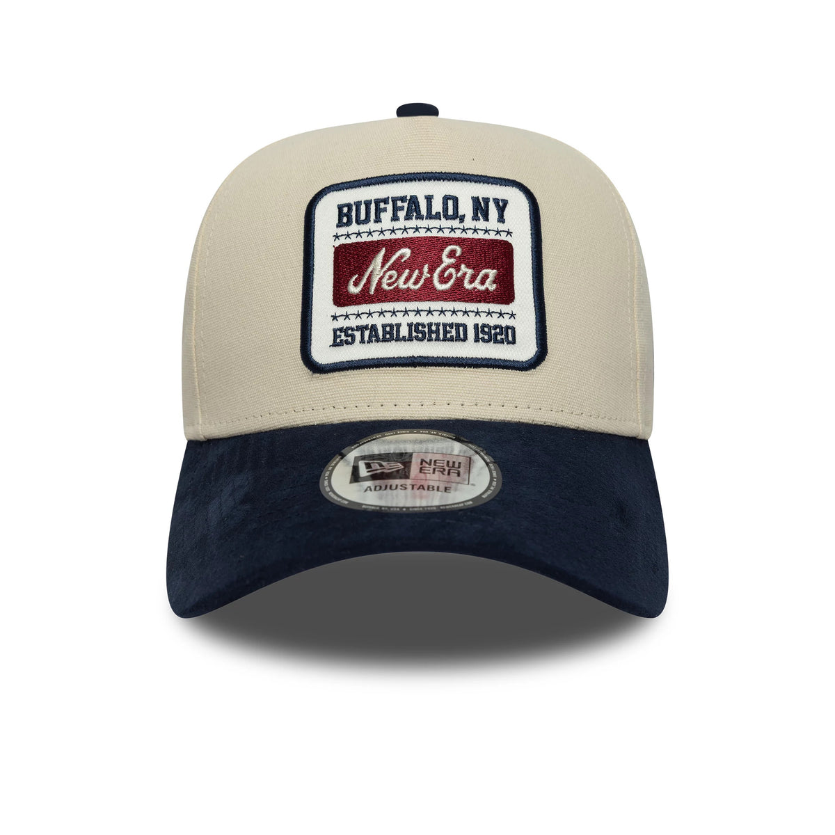 New Era Patch Suede Cream & Navy 9FORTY E-Frame Cap, front view showing a red and navy embroidered patch reading Buffalo, NY New Era Established 1920 on the cream front panel and a navy suede visor with a 9FORTY size sticker.