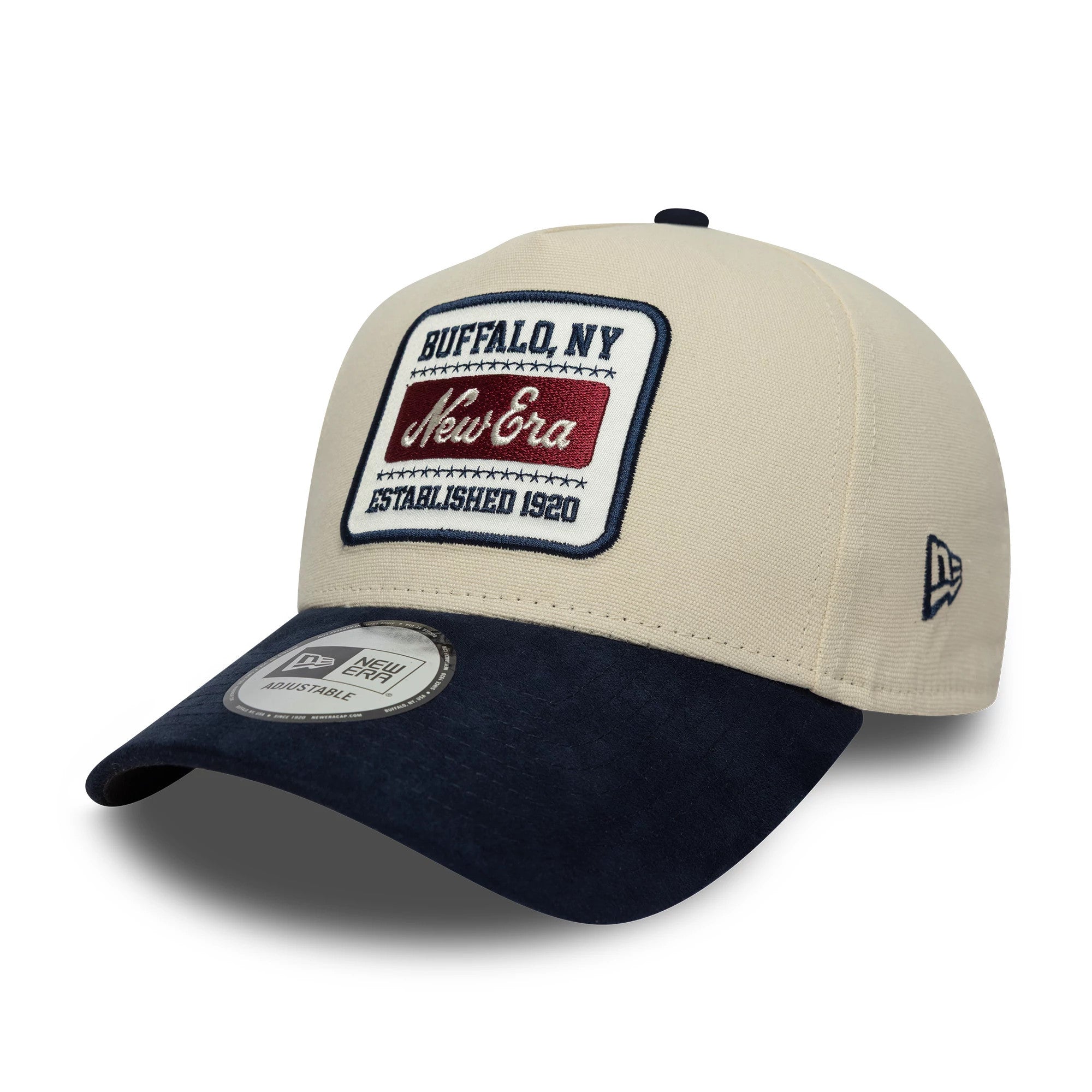 Pictured is this New Era Patch Suede 9FORTY E-Frame in cream & navy. 1