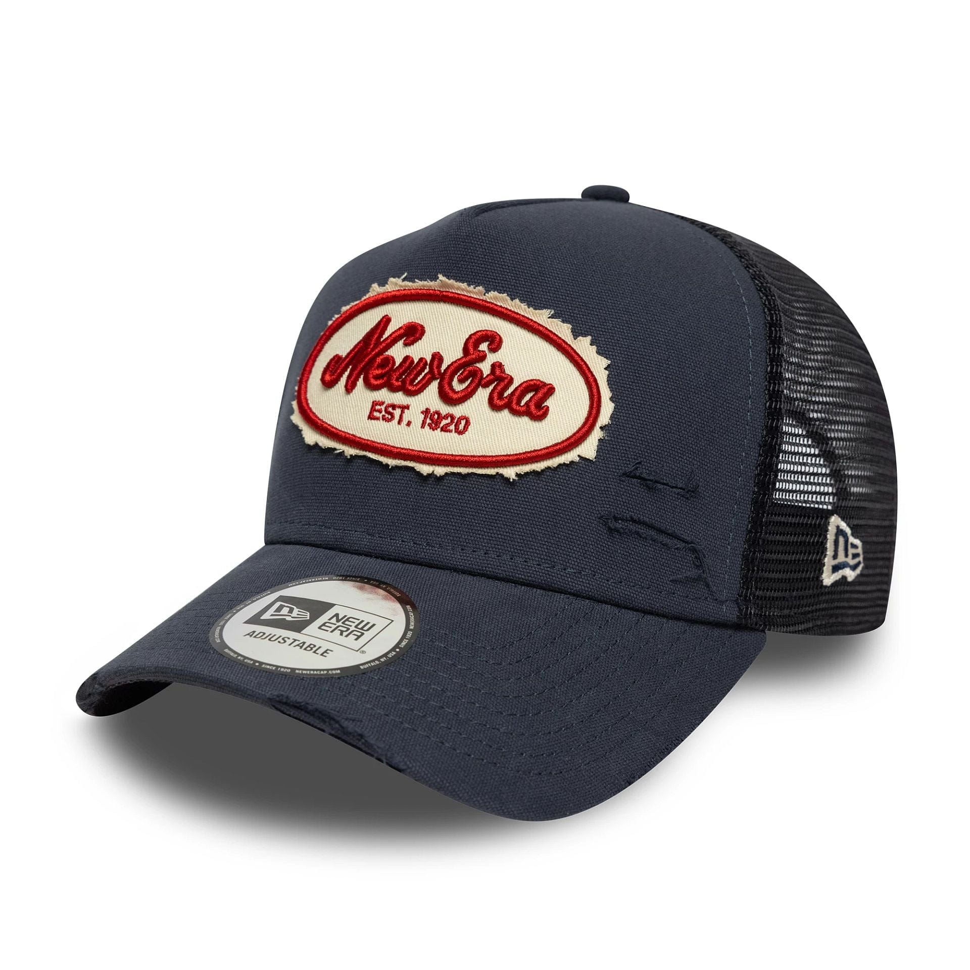 Pictured is this New Era Canvas Distressed 9FORTY A-Frame Trucker in navy. 1