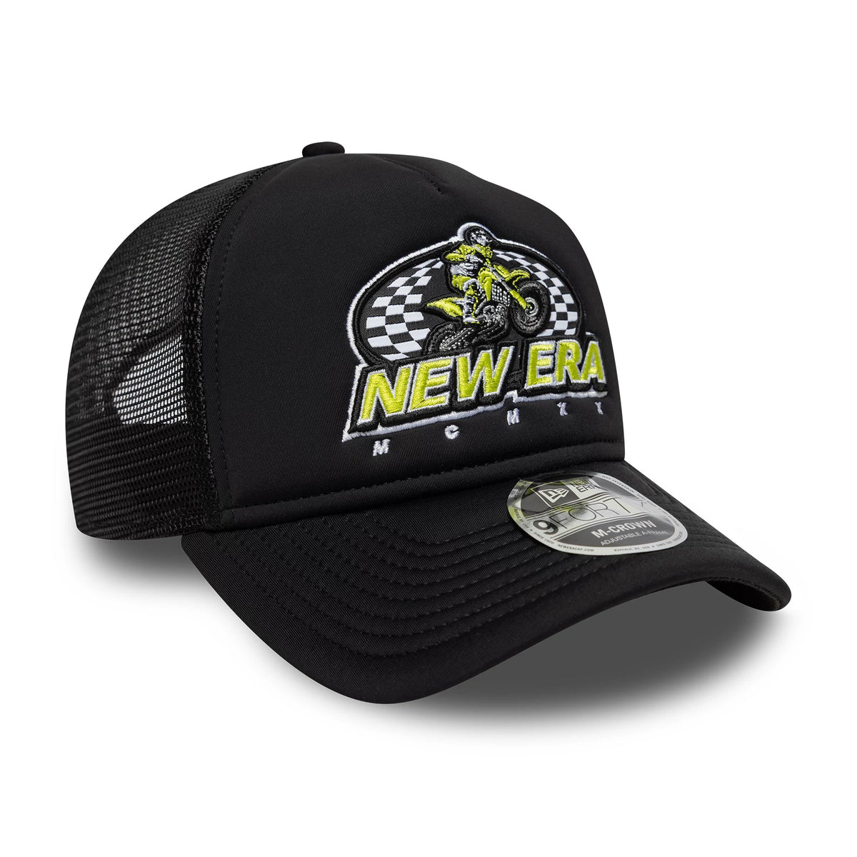 New Era Graphic Black 9FORTY M-Crown A-Frame Trucker Cap, three-quarter view showing a raised yellow and white embroidered motorcycle and logo on the front panel, with a mesh rear and 9FORTY size sticker on the black curved visor.