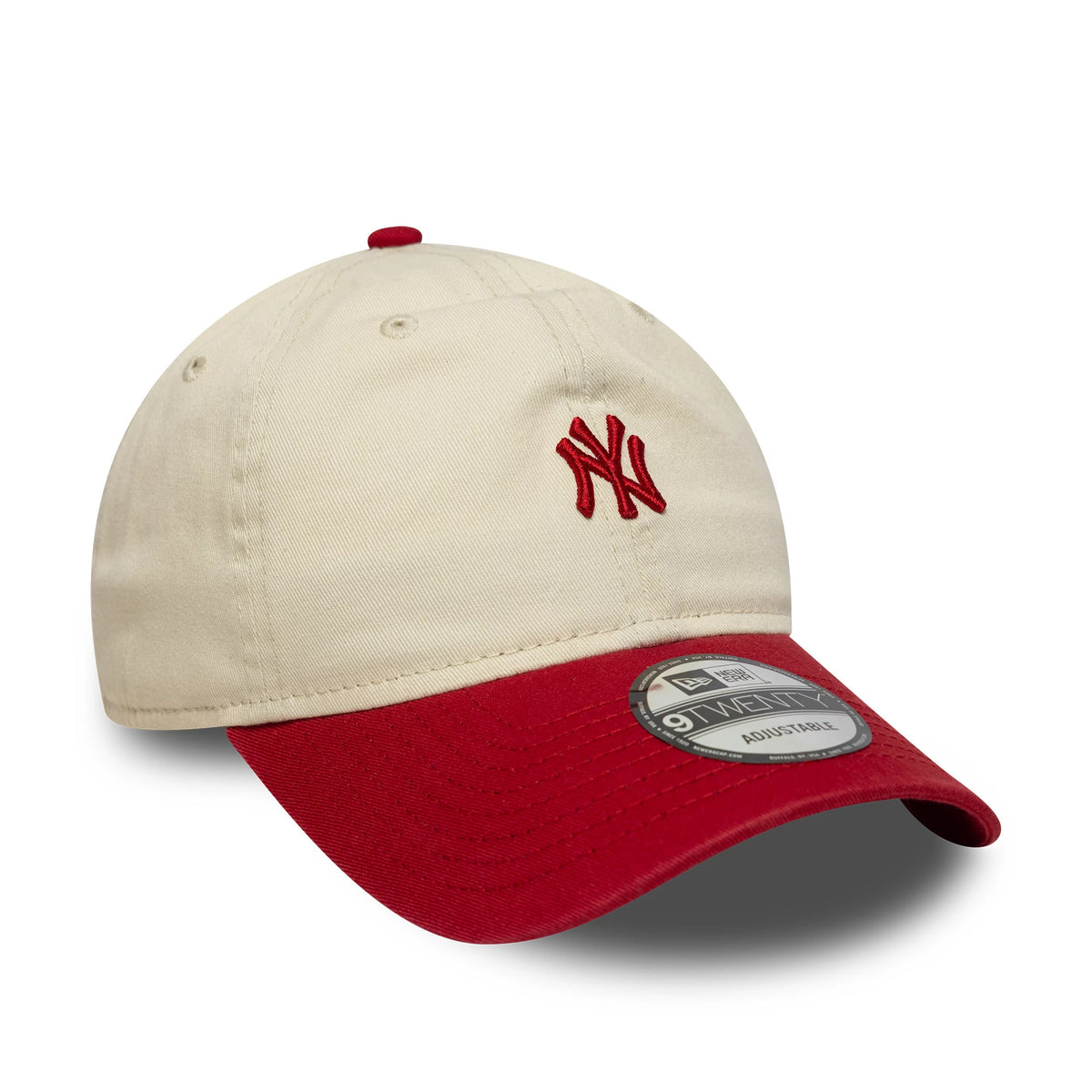 New York Yankees MLB Mini Logo Red New Era 9TWENTY Cap, three-quarter view showing the red embroidered NY logo on the cream front panel, a red curved visor, and the 9TWENTY size sticker on the visor.