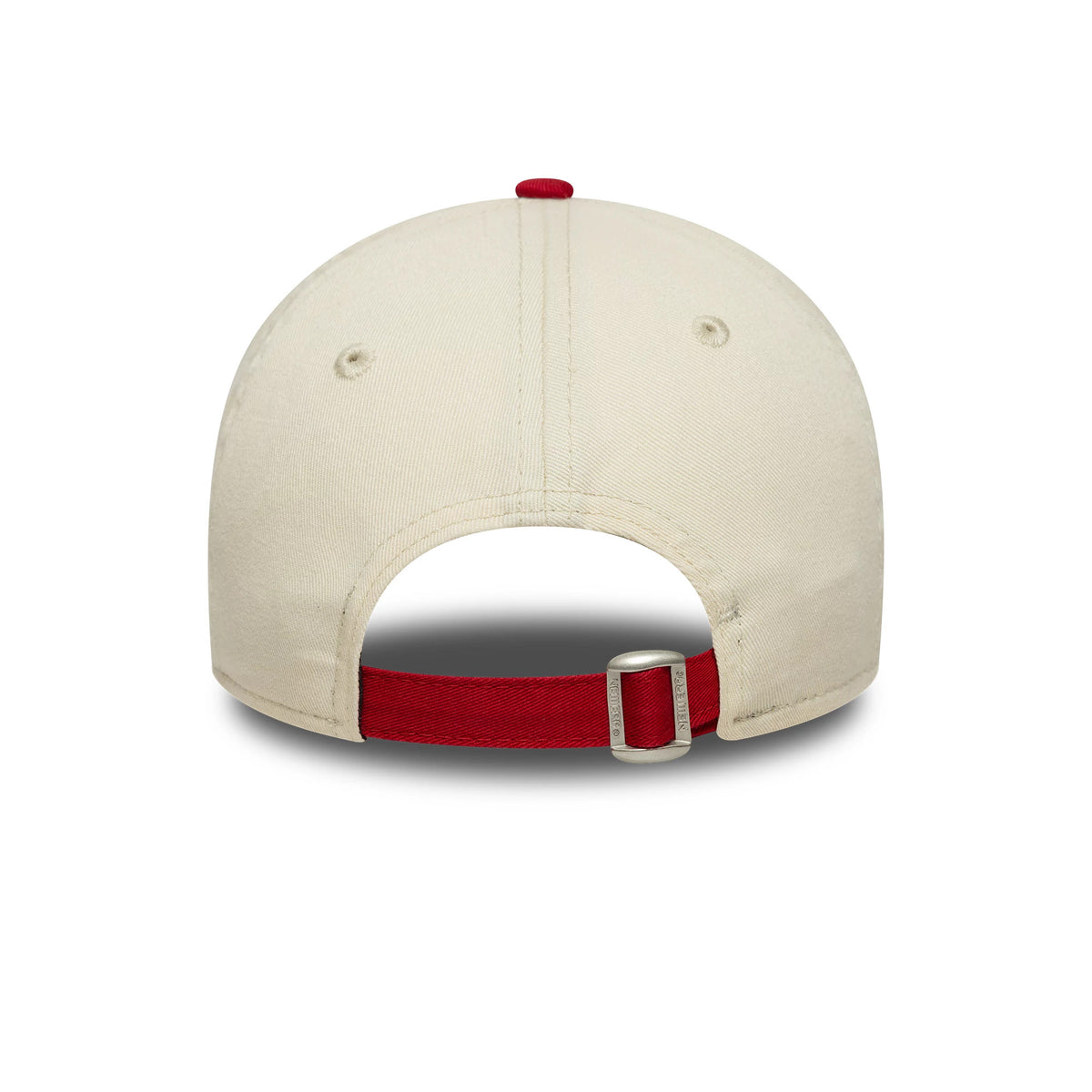 New York Yankees MLB Mini Logo Red New Era 9TWENTY Cap, rear view showing a curved beige crown with eyelets, a red top button, and a red adjustable strap with a silver buckle for custom fitting.