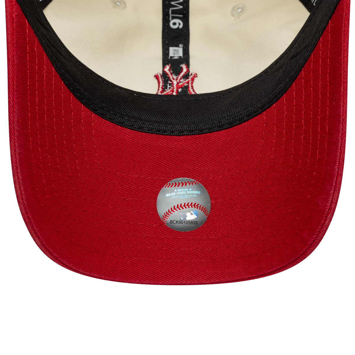 New York Yankees MLB Mini Logo Red New Era 9TWENTY Cap, inside view showing the black sweatband, MLB baseball sticker on the red undervisor and white interior taping with printed text details.