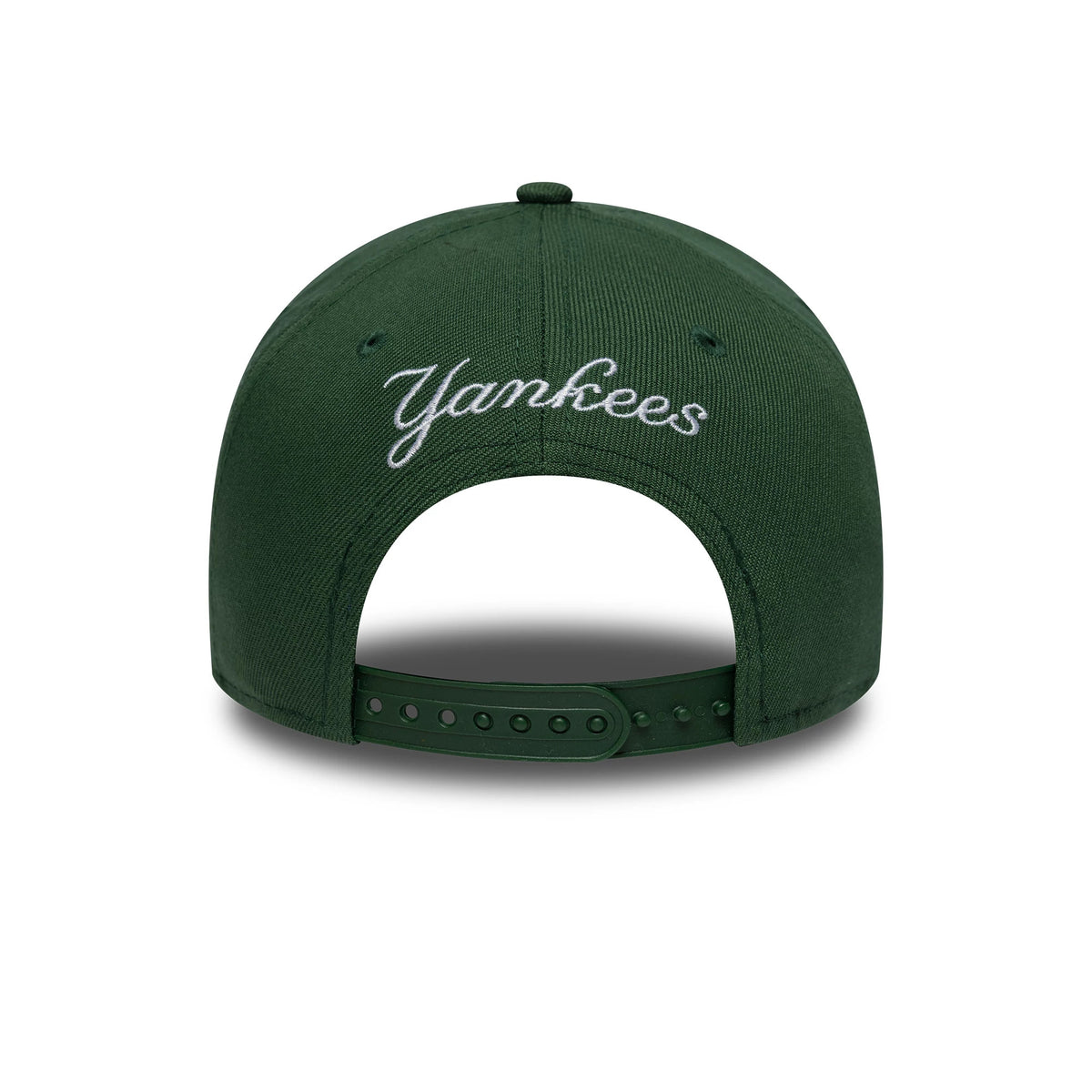 New York Yankees MLB Outline Script Dark Green New Era 9FORTY E-Frame Cap, rear view showing the white Yankees script embroidered across the back panels above the green adjustable strap and eyelets.