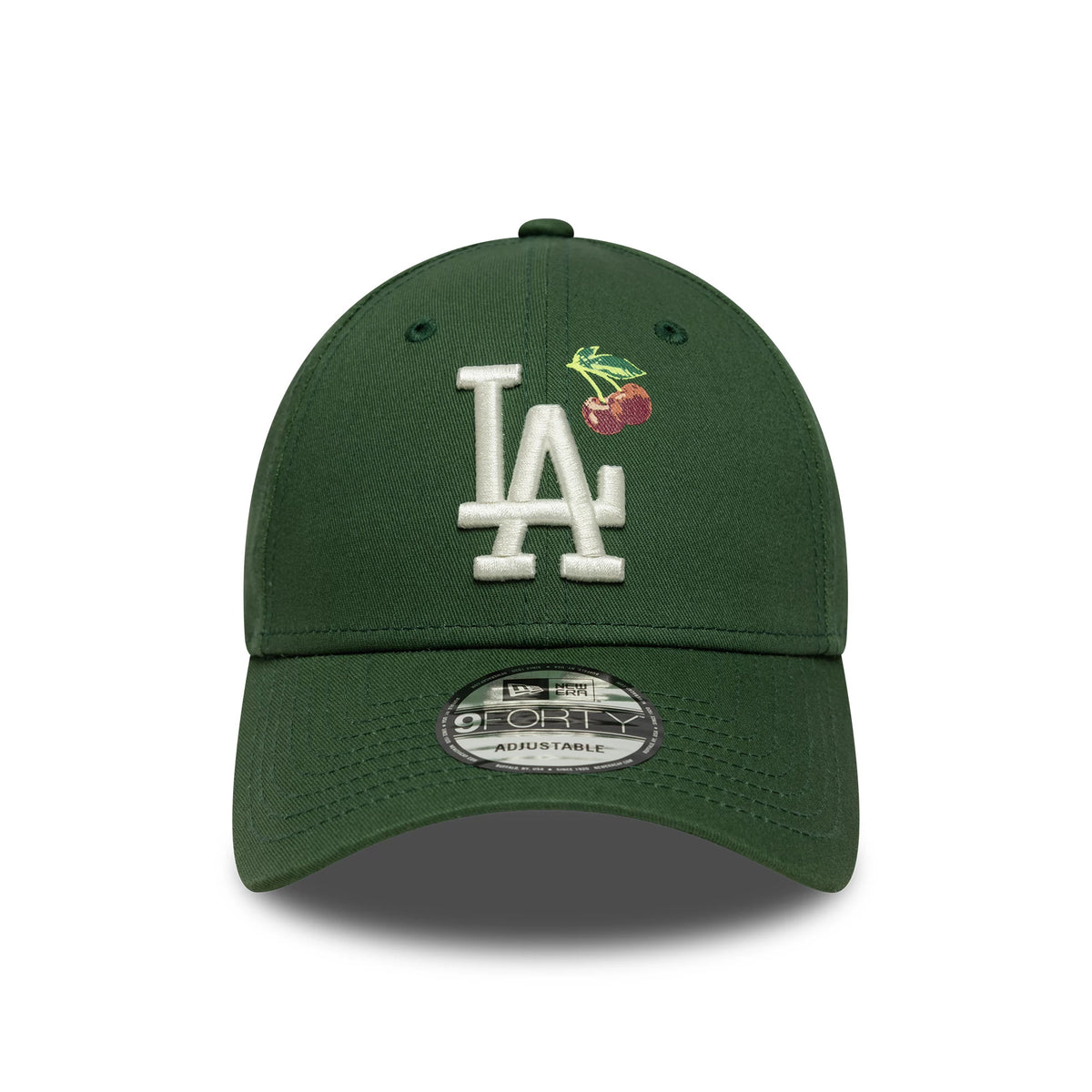 LA Dodgers MLB Fruit Icon Dark Green New Era 9FORTY Cap, front view showing the white embroidered LA logo on the dark green crown, alongside a cherry fruit icon, with a 9FORTY size sticker on the curved visor.