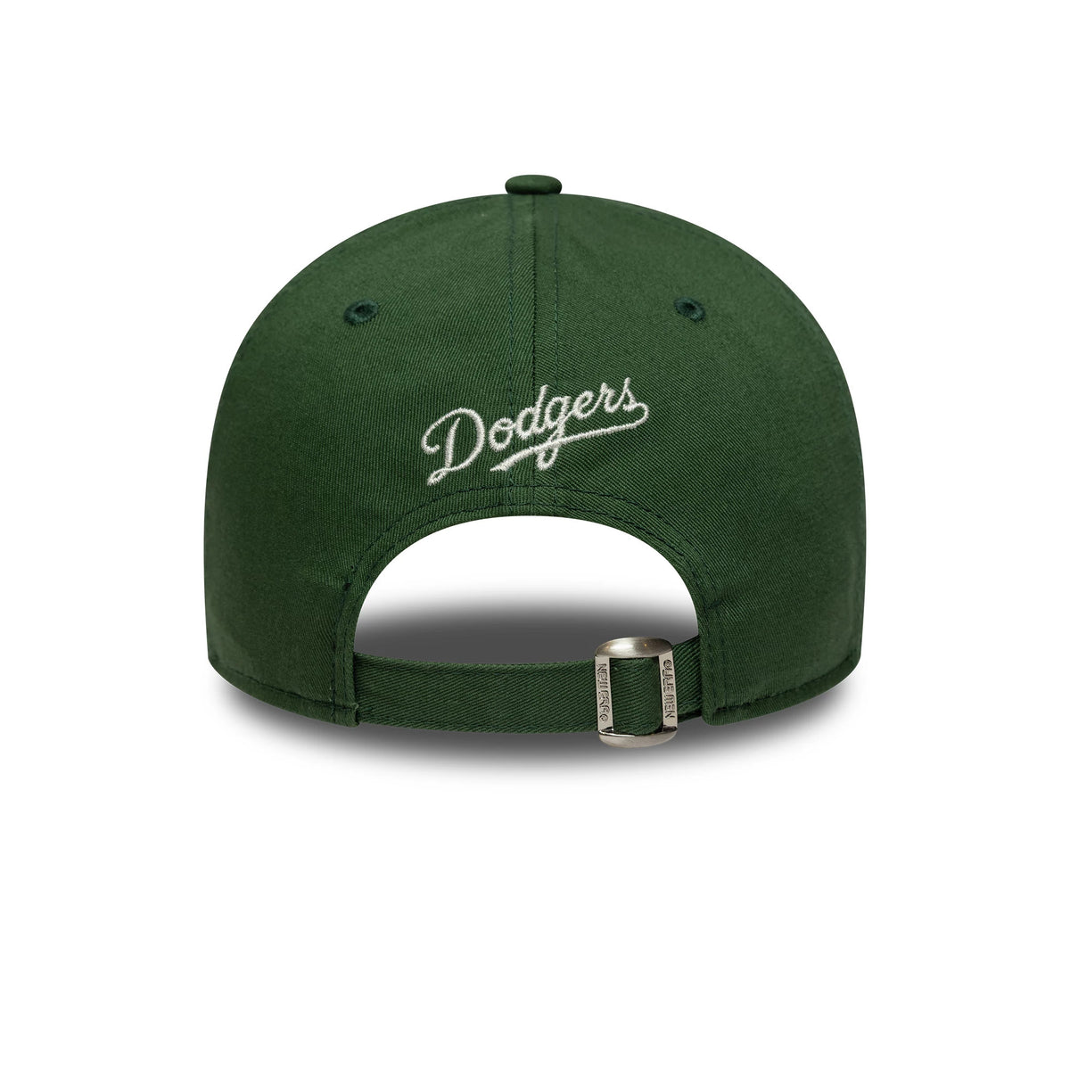 LA Dodgers MLB Fruit Icon Dark Green New Era 9FORTY Cap, rear view showing the white embroidered Dodgers script logo on the centre of the dark green back panel and an adjustable strap with a buckle.
