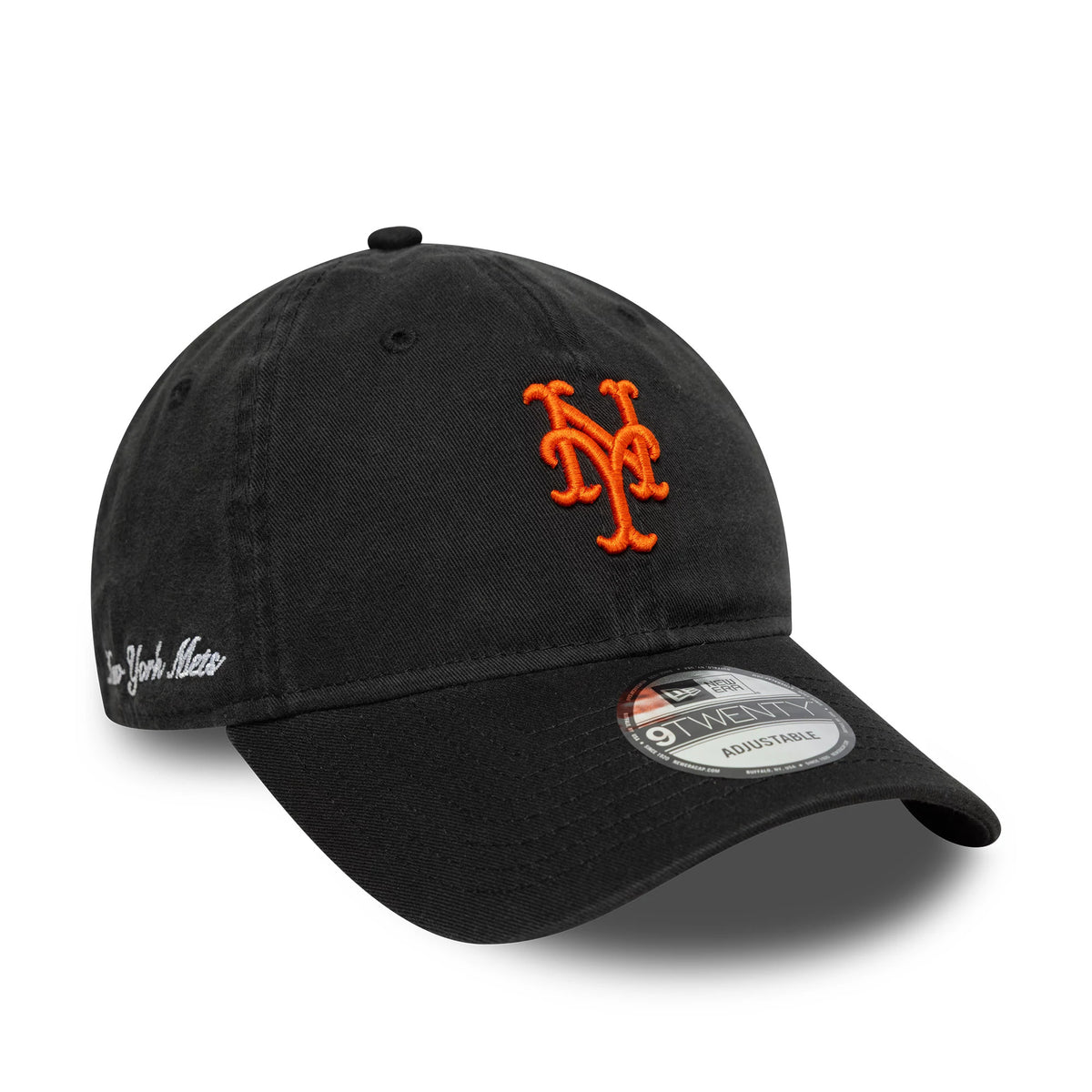 New York Mets MLB Washed Script Black New Era 9TWENTY Cap, three-quarter view showing the orange raised embroidered logo on the front panel, black curved visor with a 9TWENTY size sticker, and script text on the left side.
