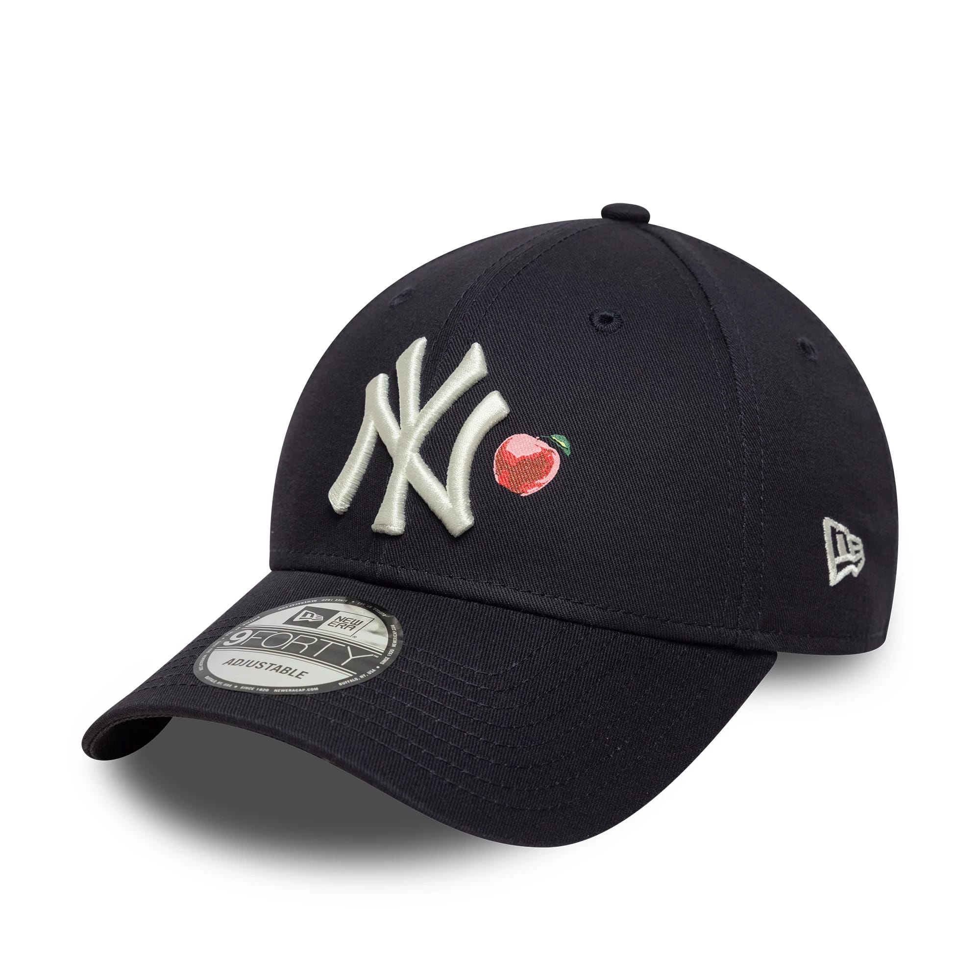 New York Yankees MLB Fruit Icon Navy New Era 9FORTY Cap, three-quarter view showing raised white embroidered NY logo with a red apple icon on the front panel, slightly curved navy visor, and 9FORTY size sticker on the visor.