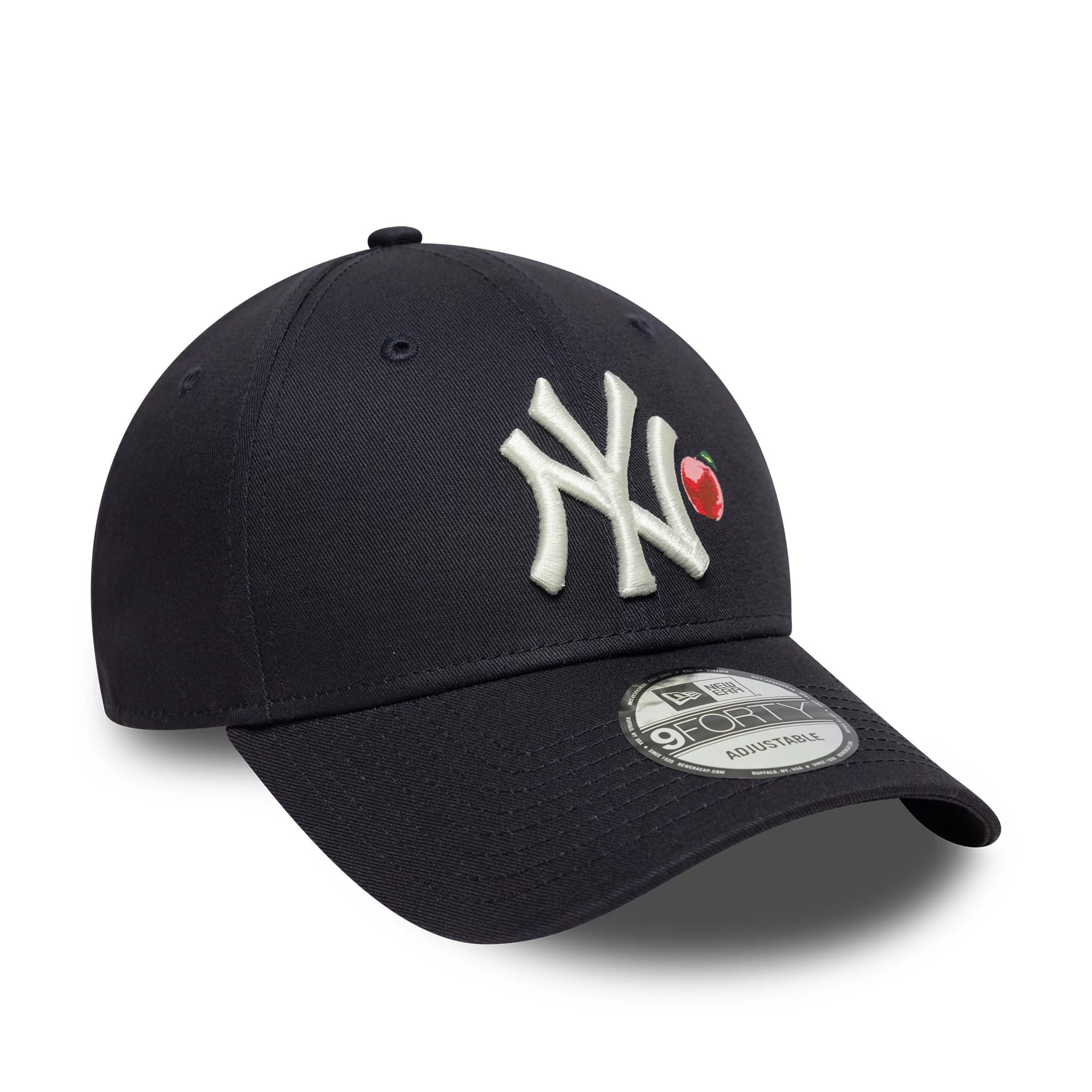 New York Yankees MLB Fruit Icon Navy New Era 9FORTY Cap, front view showing raised white NY logo with a red apple icon embroidered on the navy curved visor, featuring a 9FORTY size sticker.