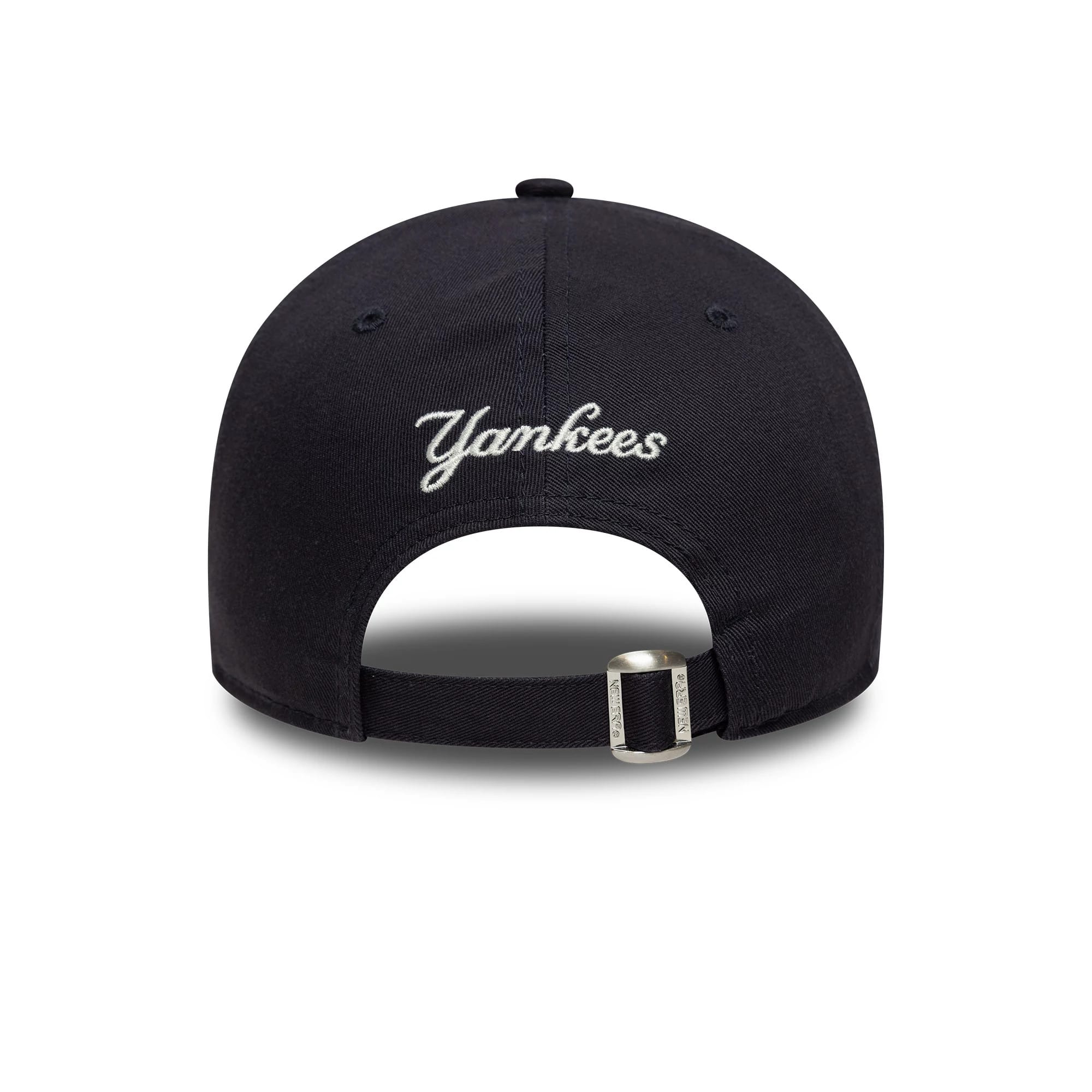 New York Yankees MLB Fruit Icon Navy New Era 9FORTY Cap, rear view showing the white embroidered Yankees script on the navy crown, with an adjustable strap featuring a buckle for custom sizing.