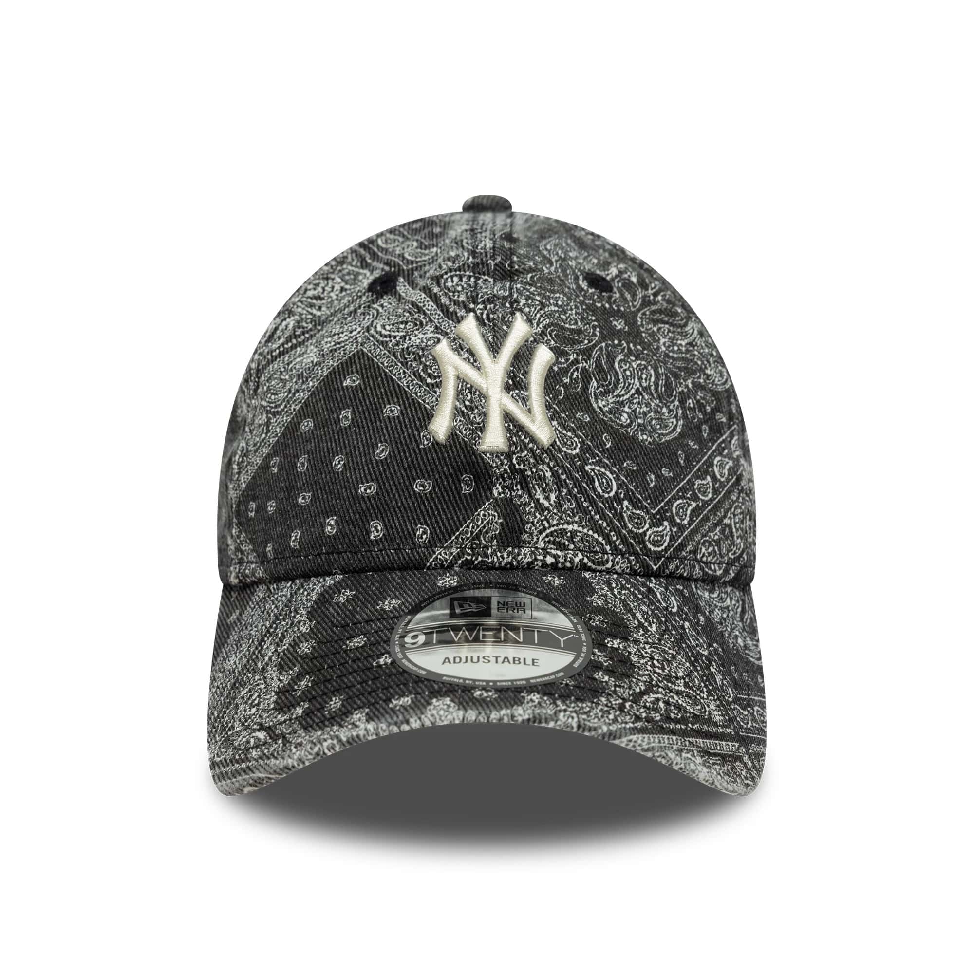 New York Yankees MLB Washed Paisley Black New Era 9TWENTY Cap, front view showing a raised white embroidered NY logo on the intricately patterned black paisley crown, with a 9TWENTY size sticker on the curved visor.