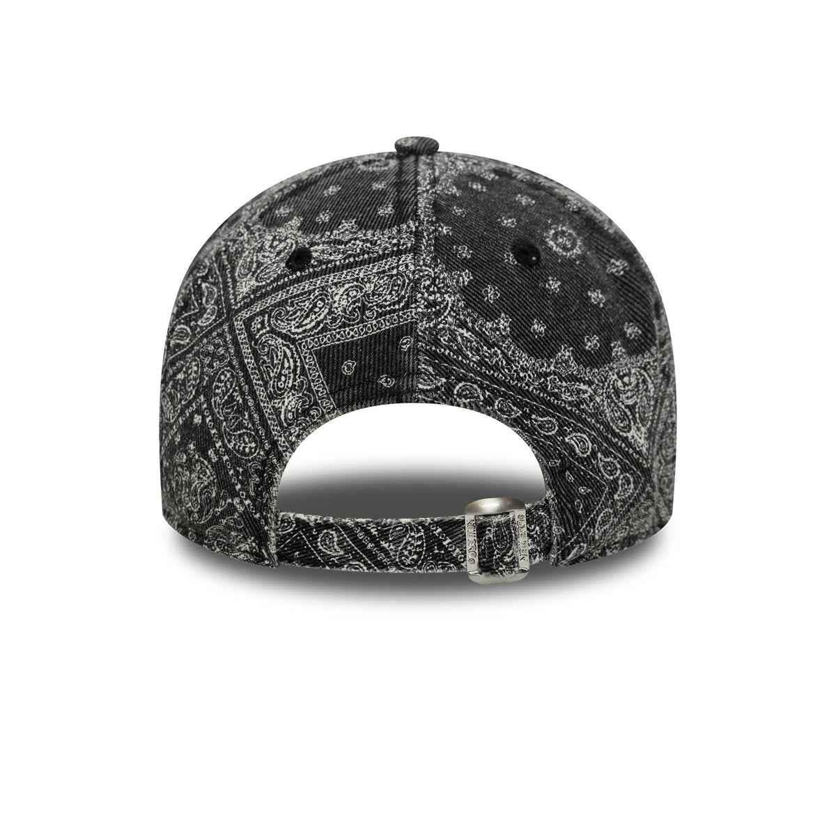 New York Yankees MLB Washed Paisley Black New Era 9TWENTY Cap, rear view showing the intricate white paisley pattern across the black fabric, with an adjustable fabric strap and buckle closure at the back.