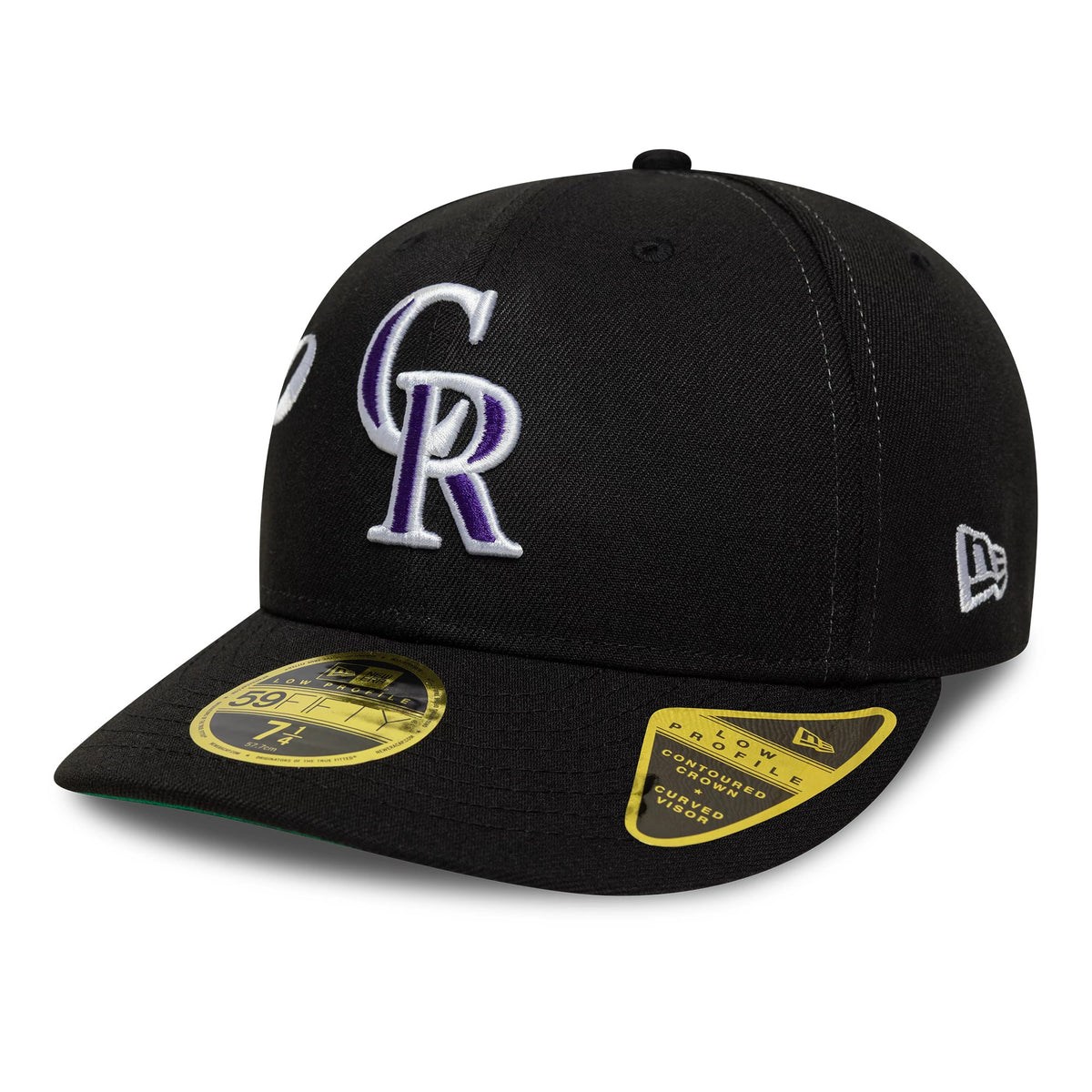Colorado Rockies MLB Est Script Black Low Profile New Era 59FIFTY Fitted Cap, front view showing the purple and white embroidered CR logo on the front panel, with a black curved visor and gold 59FIFTY size sticker.