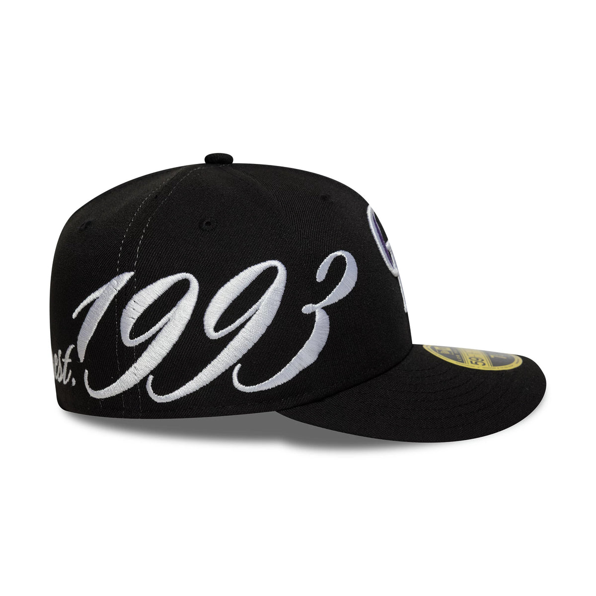 Colorado Rockies MLB Est Script Black New Era Low Profile 59FIFTY Fitted Cap, side view showing the white embroidered Est. 1993 script on the left side, black curved visor, and gold 59FIFTY size sticker on top.