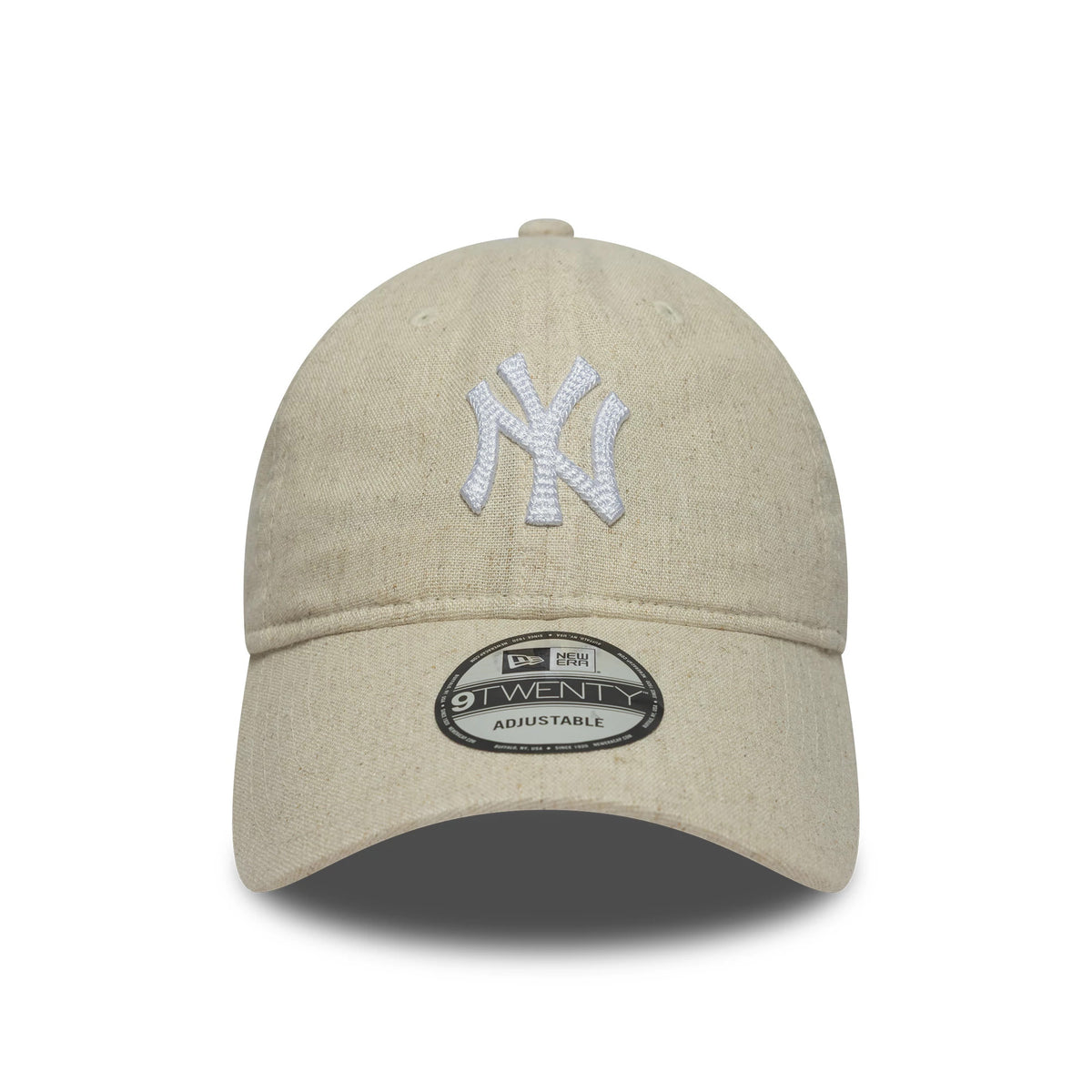 New York Yankees MLB Linen Light Beige New Era 9TWENTY Adjustable Cap, front view showing the white embroidered NY logo on the light beige crown, with a rounded visor and 9TWENTY size sticker.