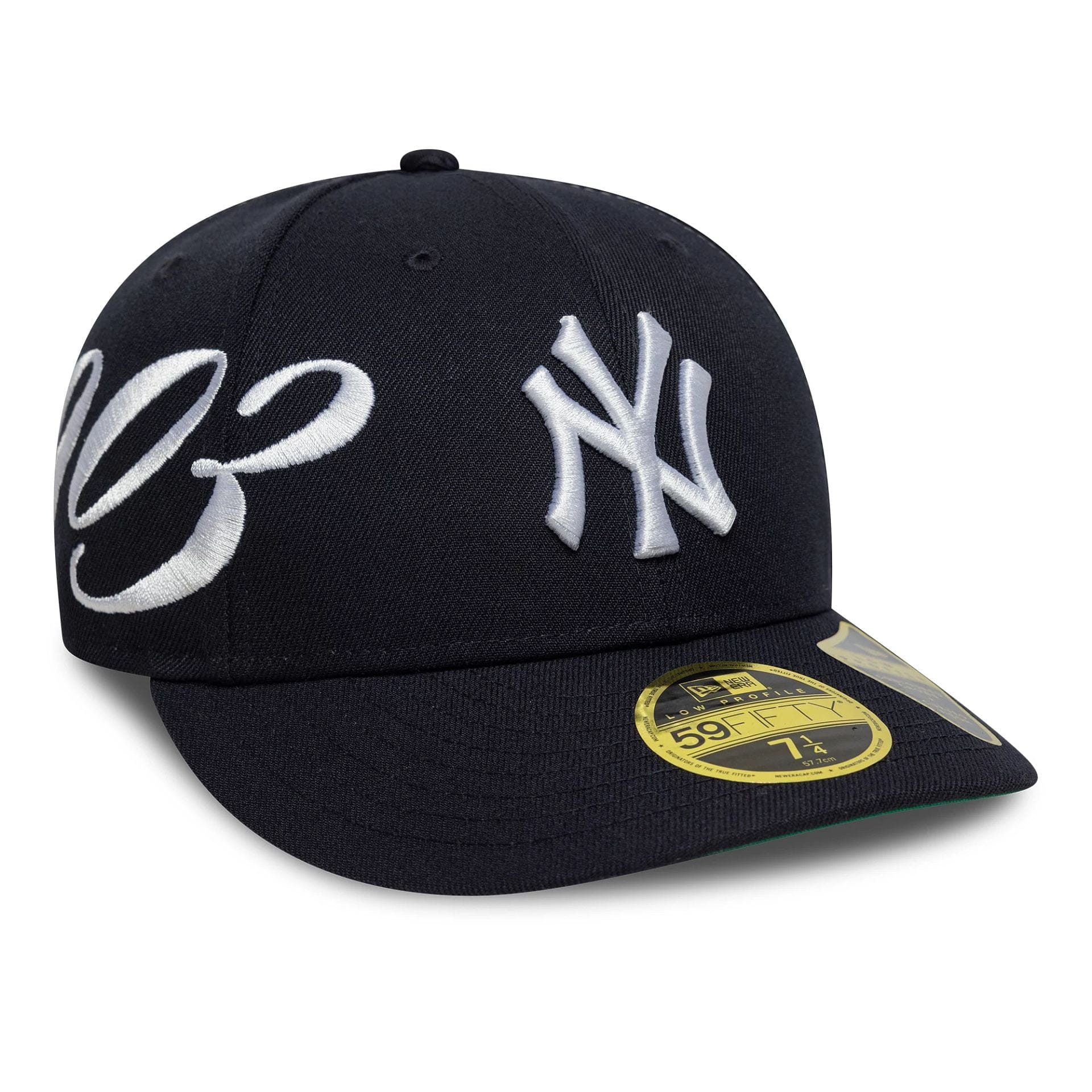 Pictured is this MLB Est Script New York Yankees Low Profile 59FIFTY Fitted in navy. 1