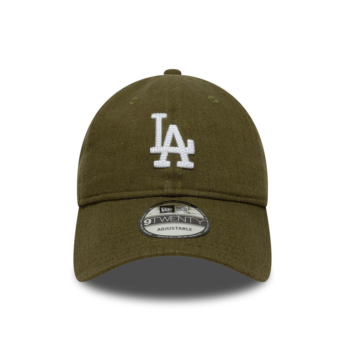 LA Dodgers MLB Linen Green New Era 9TWENTY Adjustable Cap, front view showing the white embroidered LA logo on the centre of the structured green crown with a grey 9TWENTY size sticker on the curved visor.