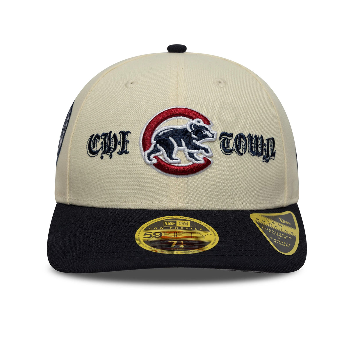 Chicago Cubs MLB Cooperstown Cream Low Profile New Era 59FIFTY Fitted Cap, front view showing the embroidered Chi Town bear logo in navy and red on the cream front panel, with a black visor and a 59FIFTY size sticker.