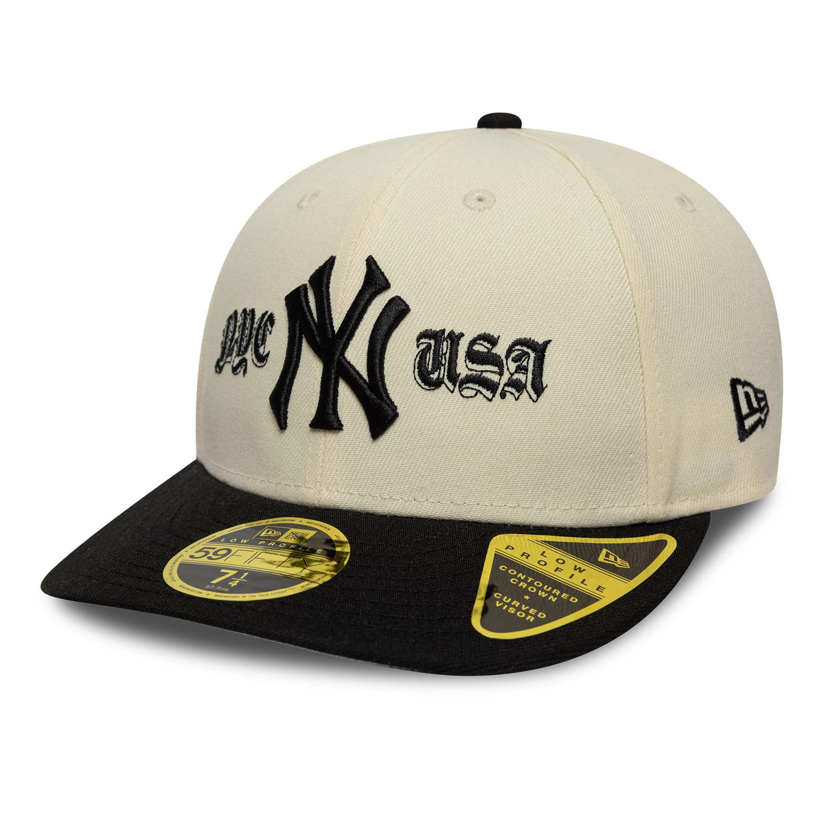 New York Yankees MLB Cooperstown Cream Low Profile New Era 59FIFTY Fitted Cap, three-quarter view showing black raised embroidery reading NY and USA across the front cream panels, a contrasting black visor, and a gold 59FIFTY size sticker.