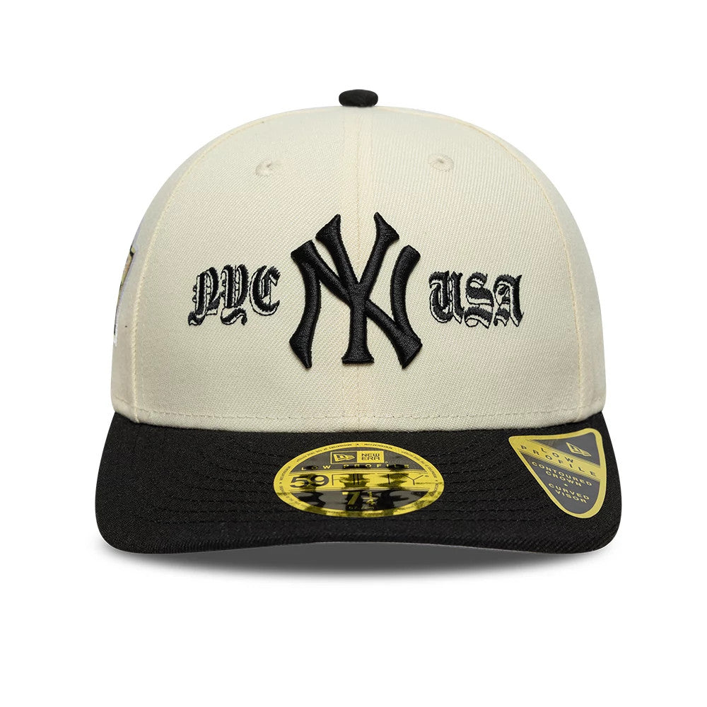 New York Yankees MLB Cooperstown Cream Low Profile New Era 59FIFTY Fitted Cap, front view showing the black raised embroidered NY monogram with NYC and USA lettering, black visor, and a gold 59FIFTY size sticker.