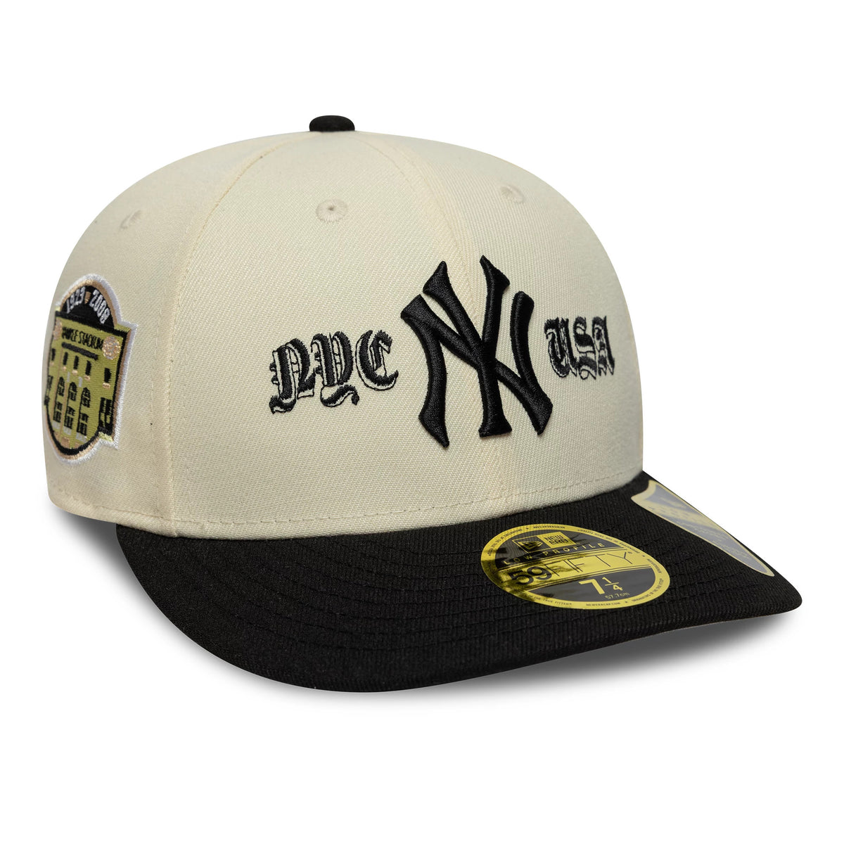 New York Yankees MLB Cooperstown Cream Low Profile New Era 59FIFTY Fitted Cap, three-quarter view showing the black embroidered NY logo with 'NYC USA' lettering on the cream crown, black visor with gold 59FIFTY size sticker, and side patch detail.