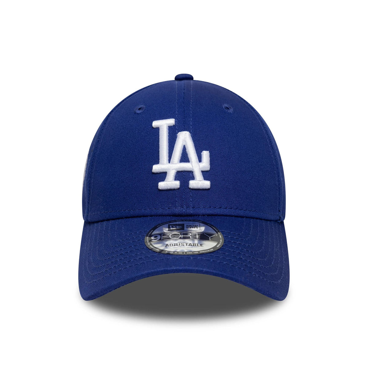 LA Dodgers MLB Side Patch Dark Blue New Era 9FORTY Cap, front view showing the raised white LA embroidered logo on the structured dark blue crown with a 9FORTY size sticker on the curved visor.