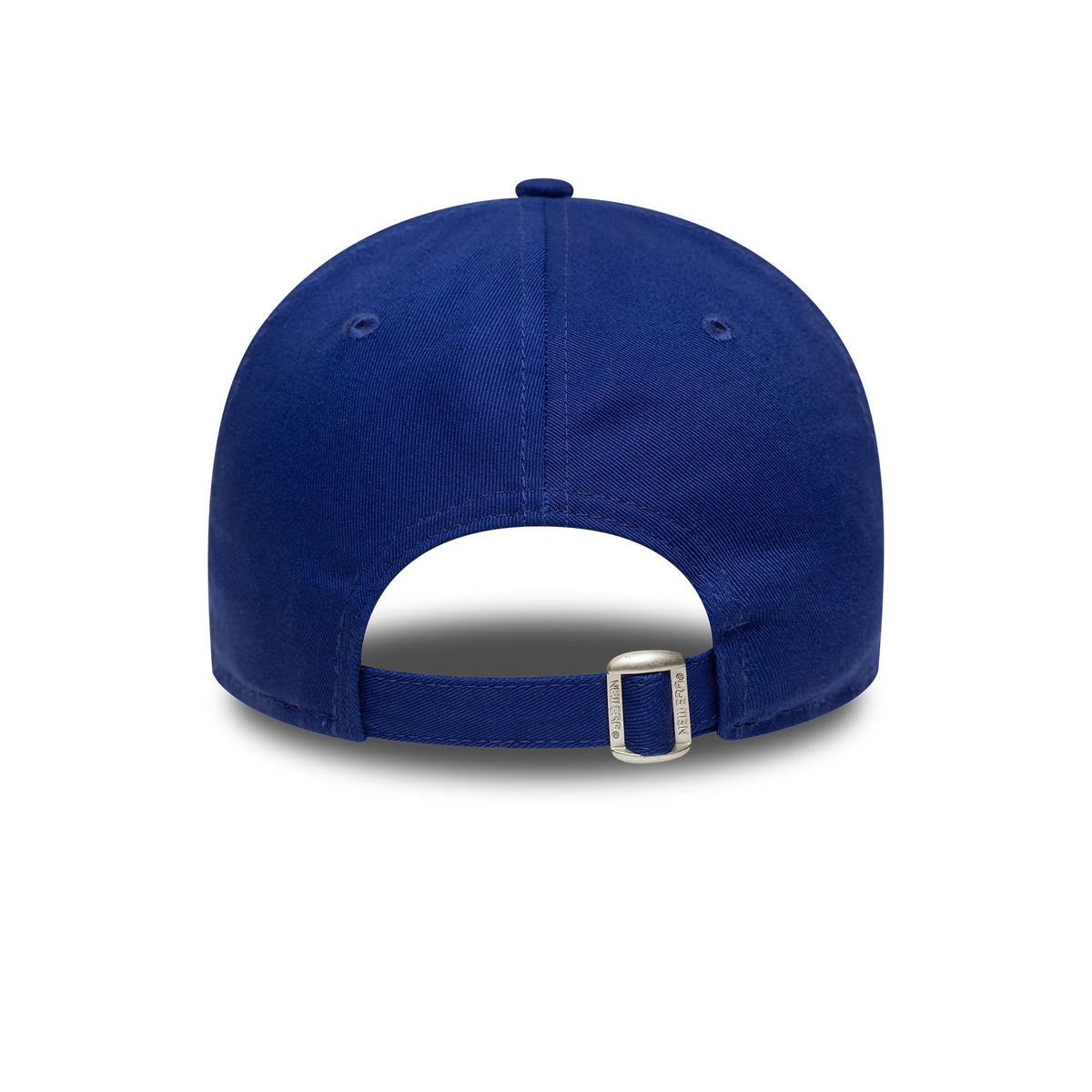 LA Dodgers MLB Side Patch Dark Blue New Era 9FORTY Cap, rear view showing the adjustable strap with a silver buckle and a dark blue fabric, complemented by two matching embroidered eyelets.
