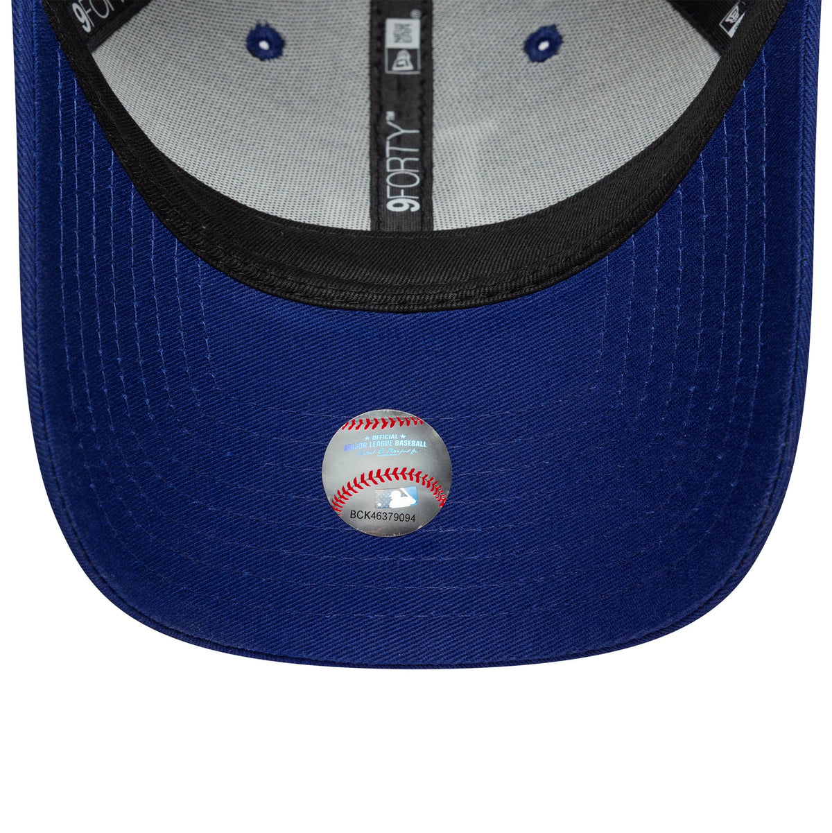 LA Dodgers MLB Side Patch Dark Blue New Era 9FORTY Cap, inside view showing the grey sweatband, black New Era taping, grey fabric with blue eyelet accents, and the official MLB holographic sticker on the dark blue undervisor.
