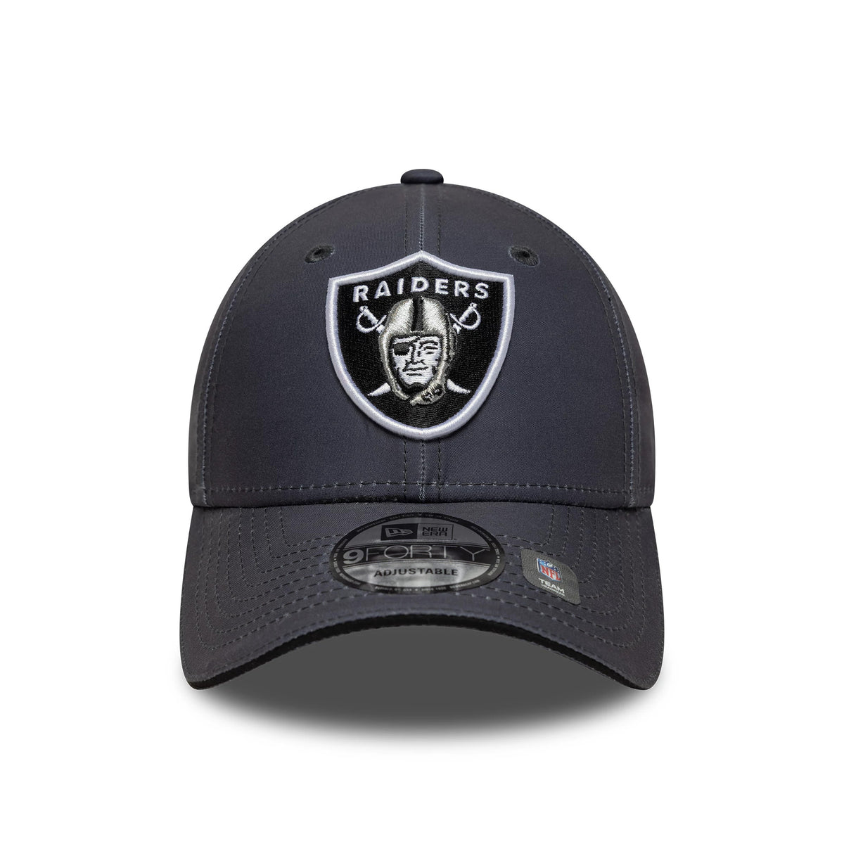 Las Vegas Raiders NFL Microfibre Charcoal New Era 9FORTY Cap, front view showing a raised embroidered Raiders logo on the structured charcoal crown with a curved visor and a 9FORTY size sticker on the front.
