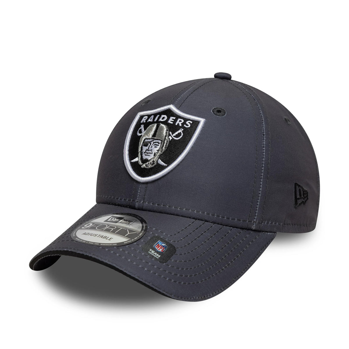 Las Vegas Raiders NFL Microfibre Charcoal New Era 9FORTY Cap, three-quarter view showing the black and white Raiders logo on the front panel, charcoal curved visor with a 9FORTY size sticker, and the New Era flag logo on the left side.
