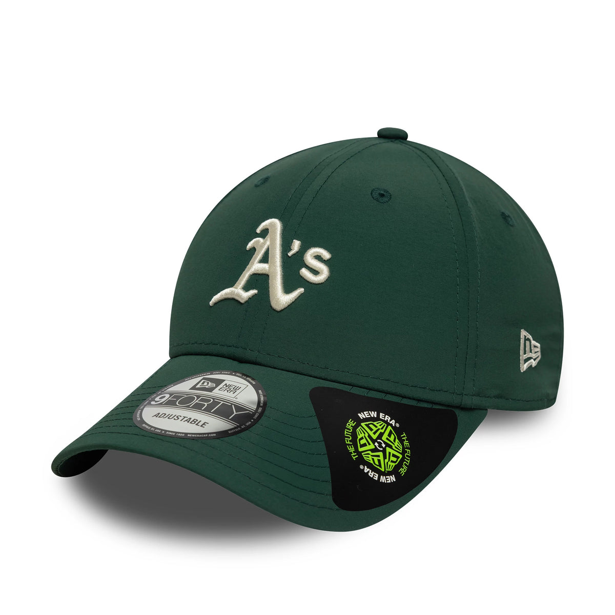 Athletics MLB Recycled Midi Dark Green New Era 9FORTY Cap, front view showing the raised white A's logo on the front panel, a curved dark green visor, 9FORTY size sticker, and New Era flag logo on the left side.
