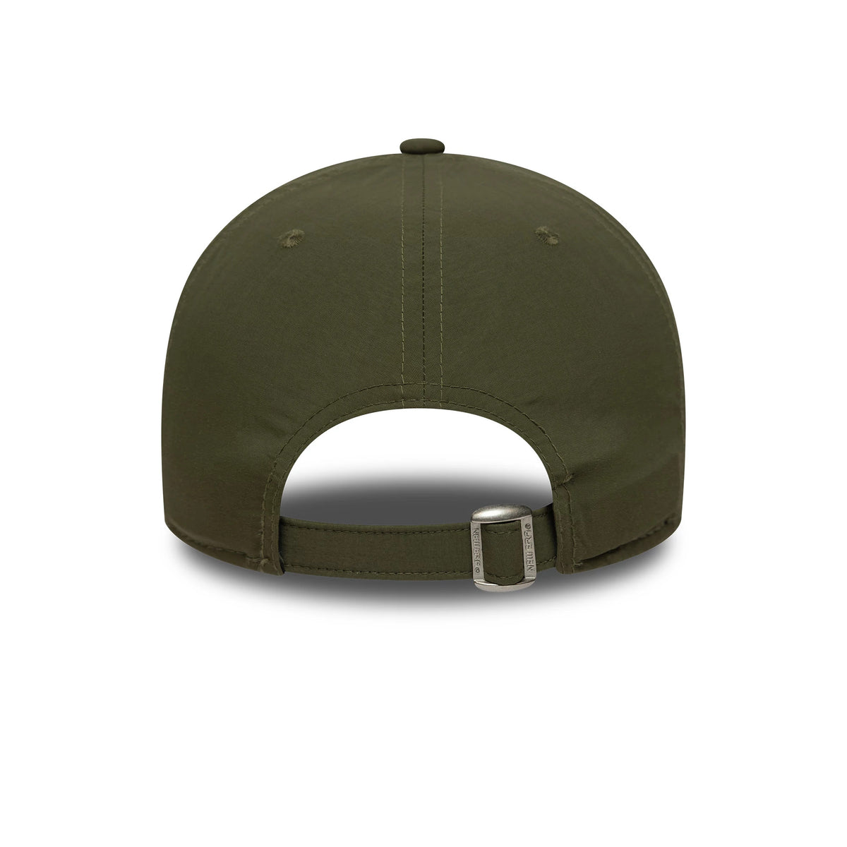 LA Dodgers MLB Recycled Midi Green New Era 9FORTY Cap, rear view showing the open adjustable strap with a buckle and a matching green top button, emphasizing the structured crown and curved visor.