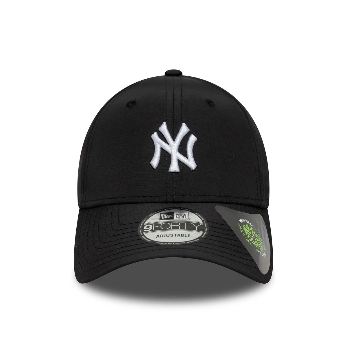 New York Yankees MLB Recycled Midi Black New Era 9FORTY Cap, front view showing the white embroidered NY logo on the structured black crown, with a curved visor and a 9FORTY size sticker on top.