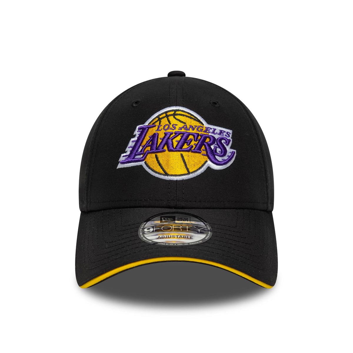 LA Lakers NBA Microfibre Black New Era 9FORTY Cap, front view showing the raised purple and yellow Lakers logo embroidery on the black structured crown and a 9FORTY size sticker on the curved visor with yellow undervisor edge.